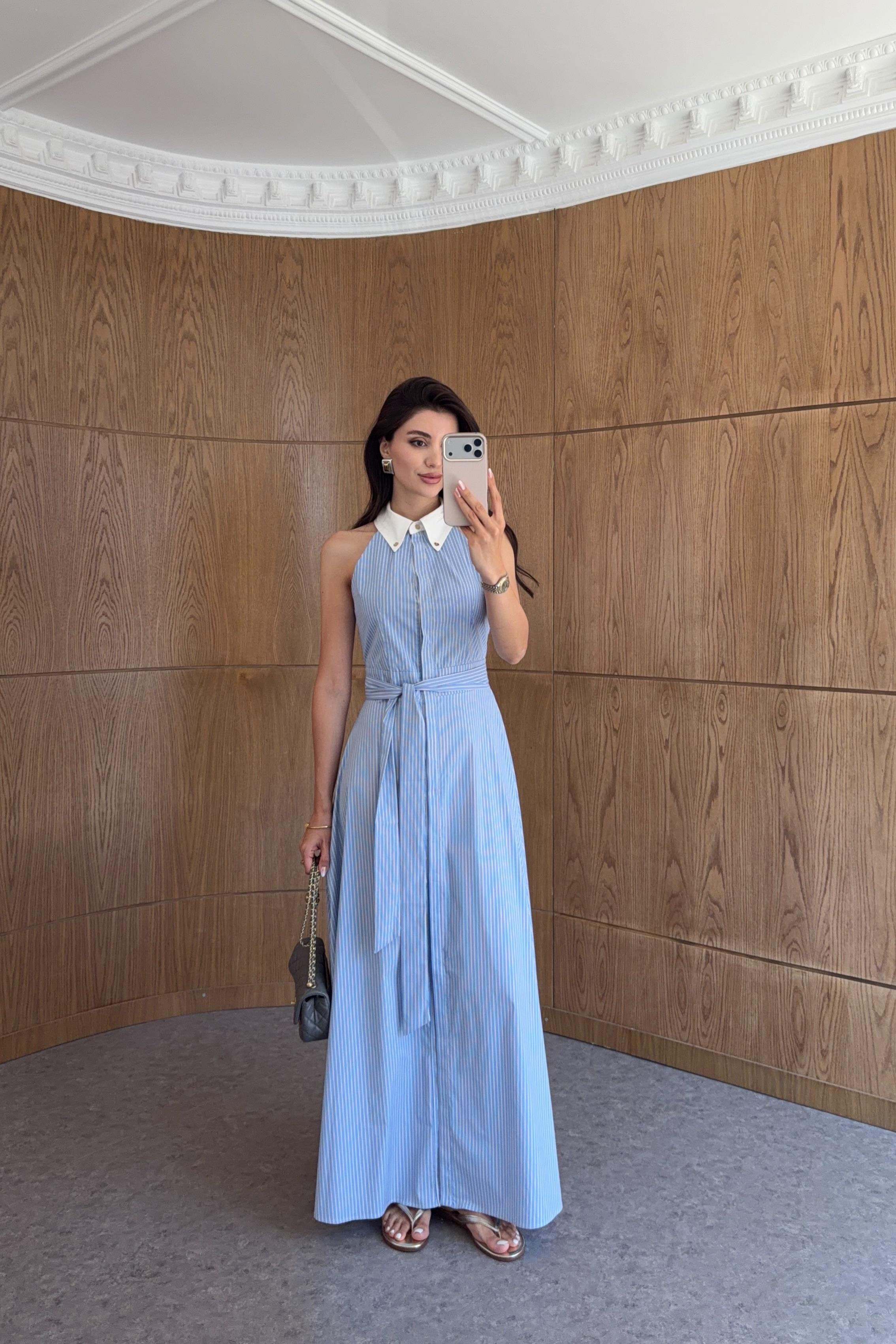 Halter Yaka Çizgili Mavi Elbise