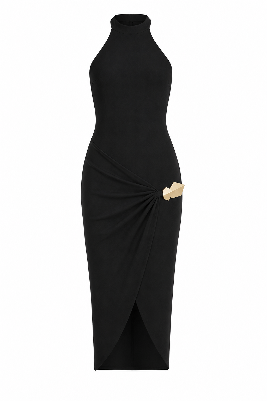 Halter Yaka Drapeli Gold Tokalı Siyah Elbise