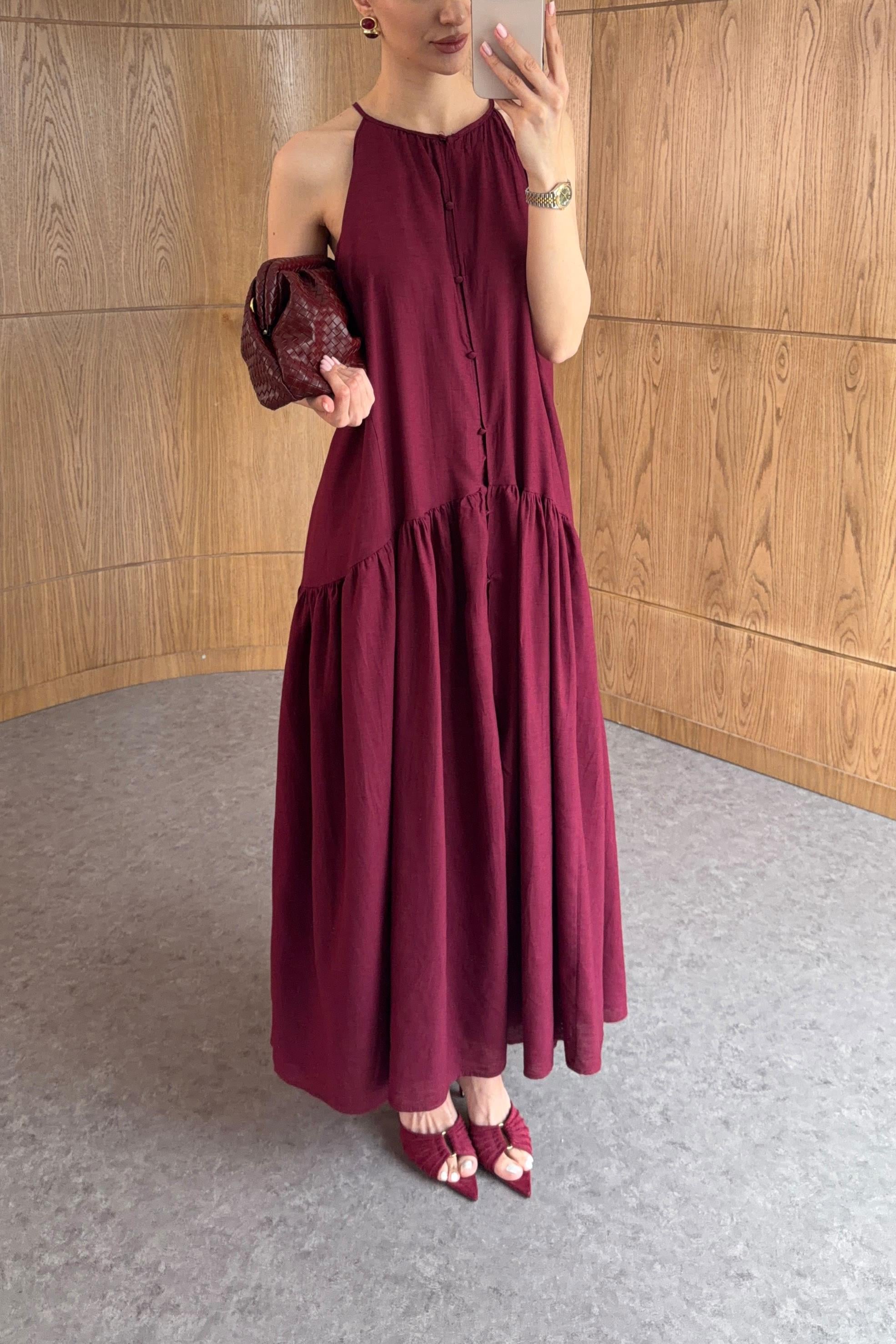 Halter Yaka Düğmeli Bordo Elbise