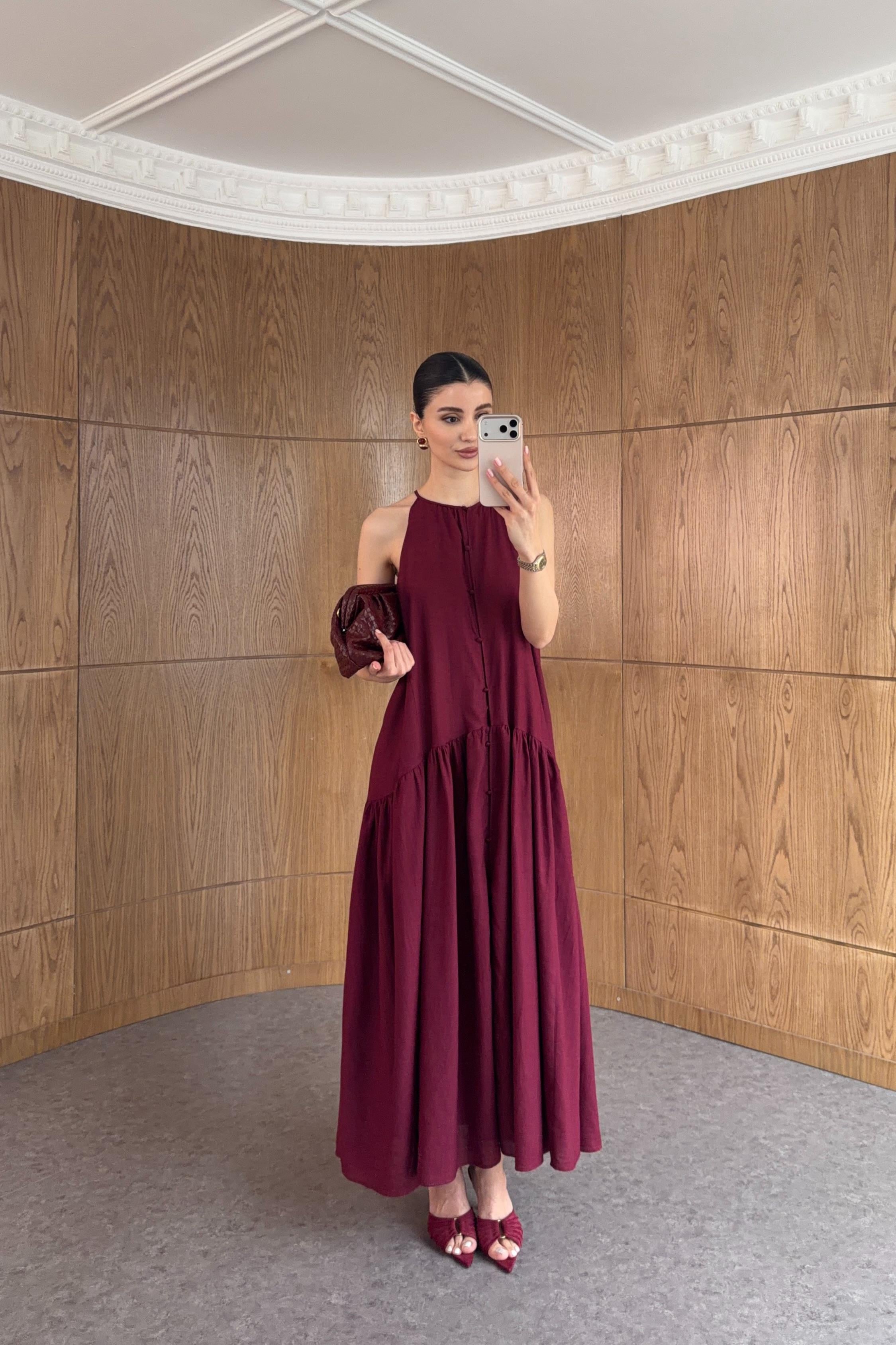 Halter Yaka Düğmeli Bordo Elbise