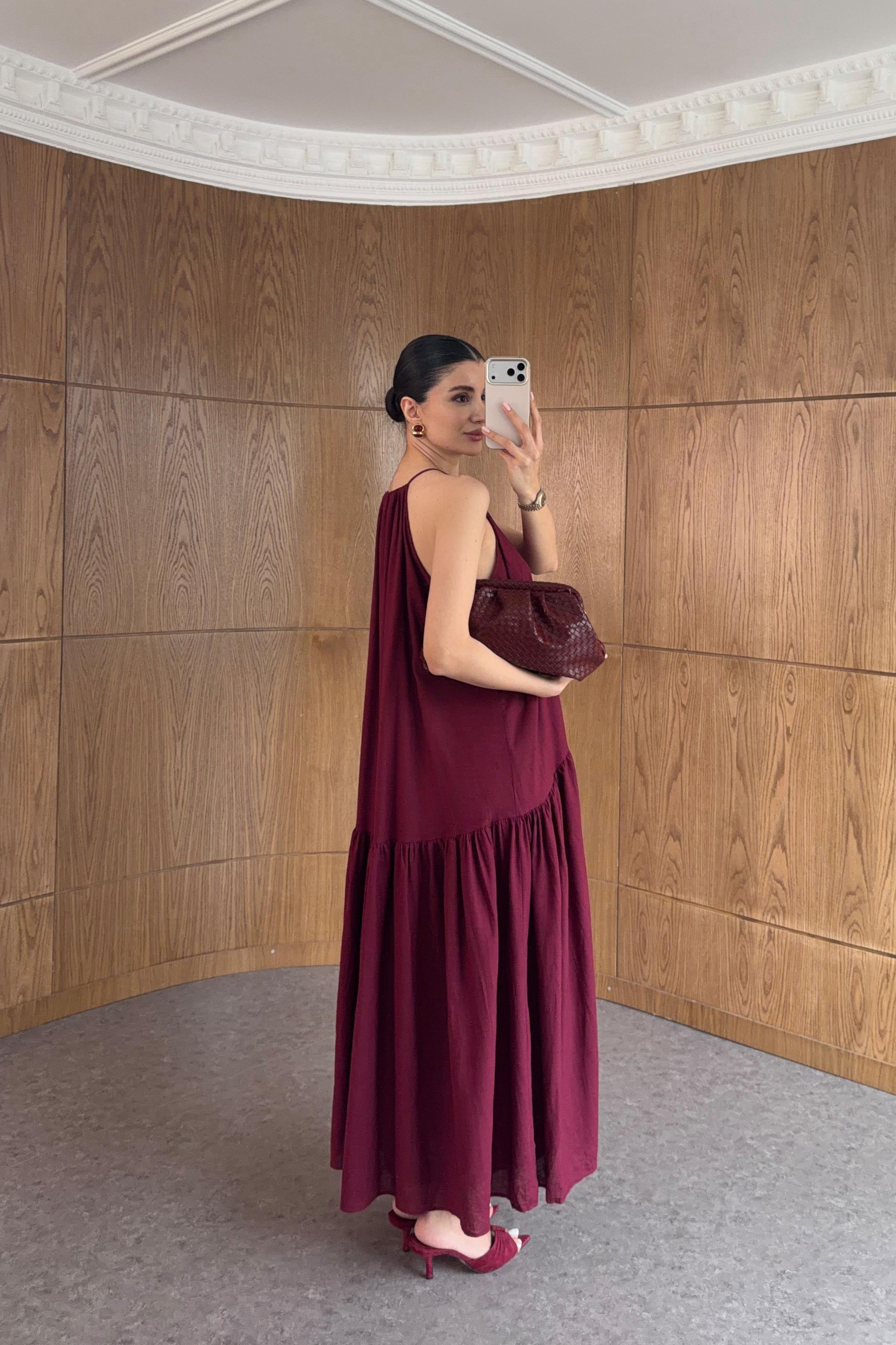 Halter Yaka Düğmeli Bordo Elbise