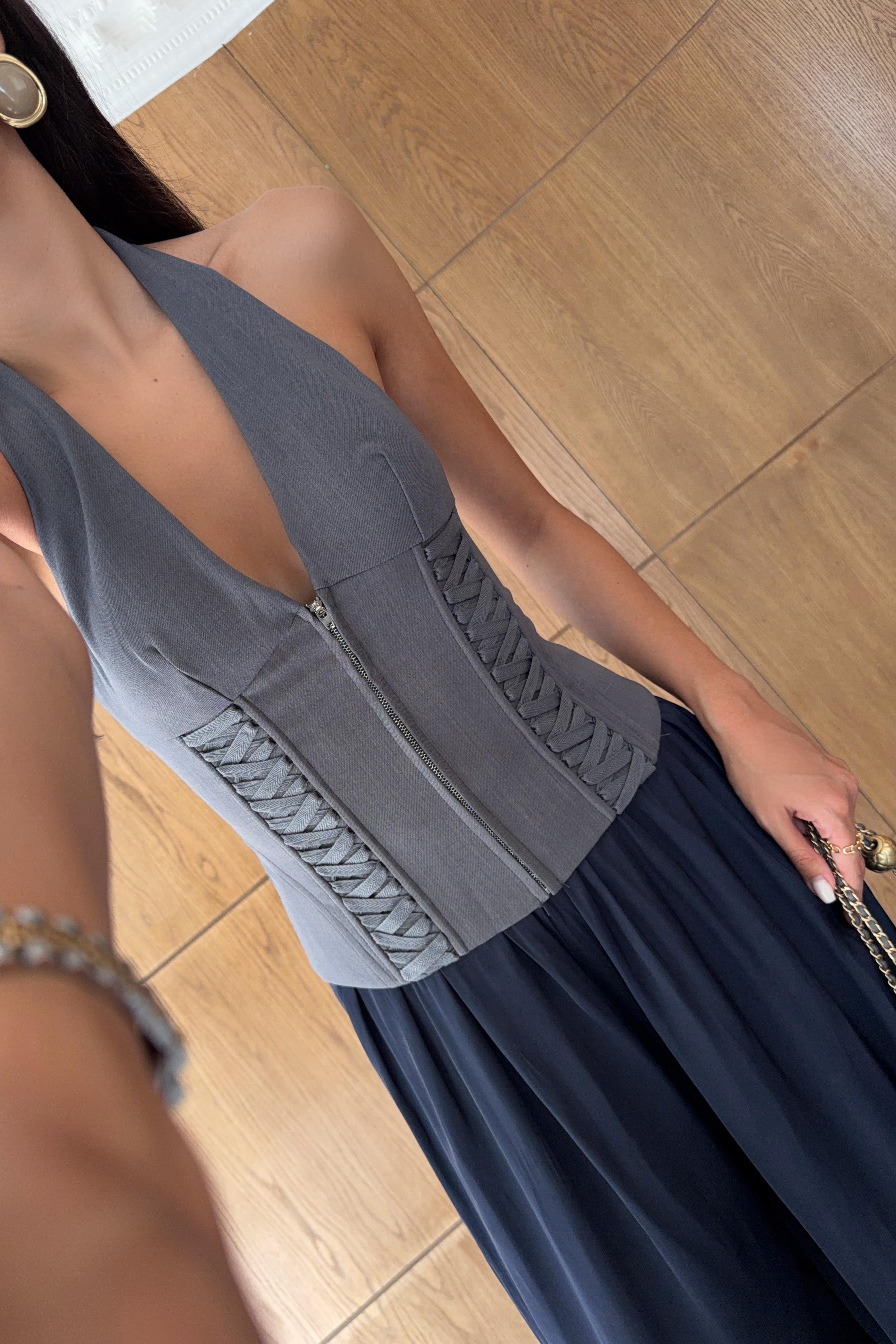 Halter Yaka Gri Korse Bluz