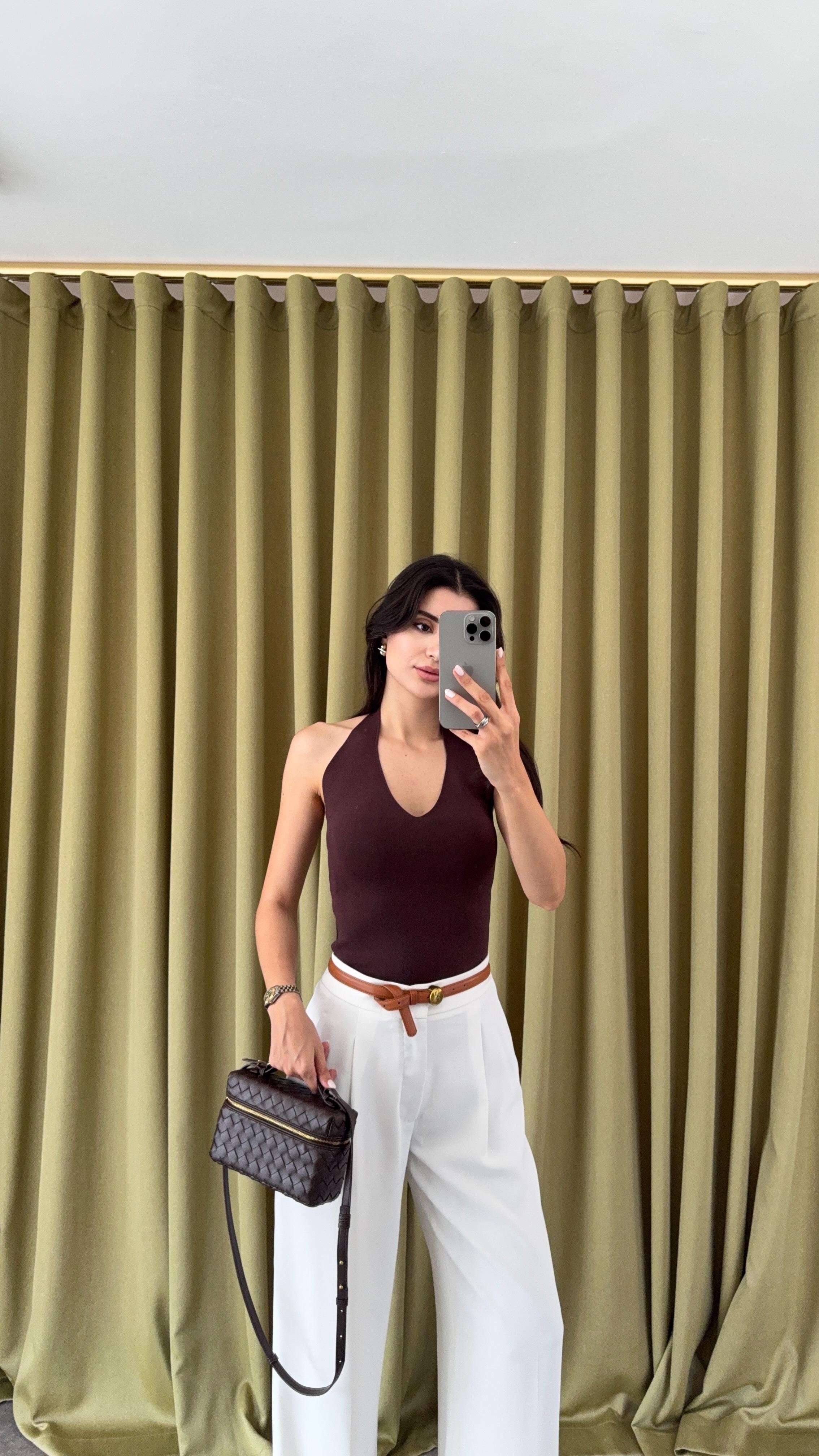 Halter Yaka Kahve Triko Bluz