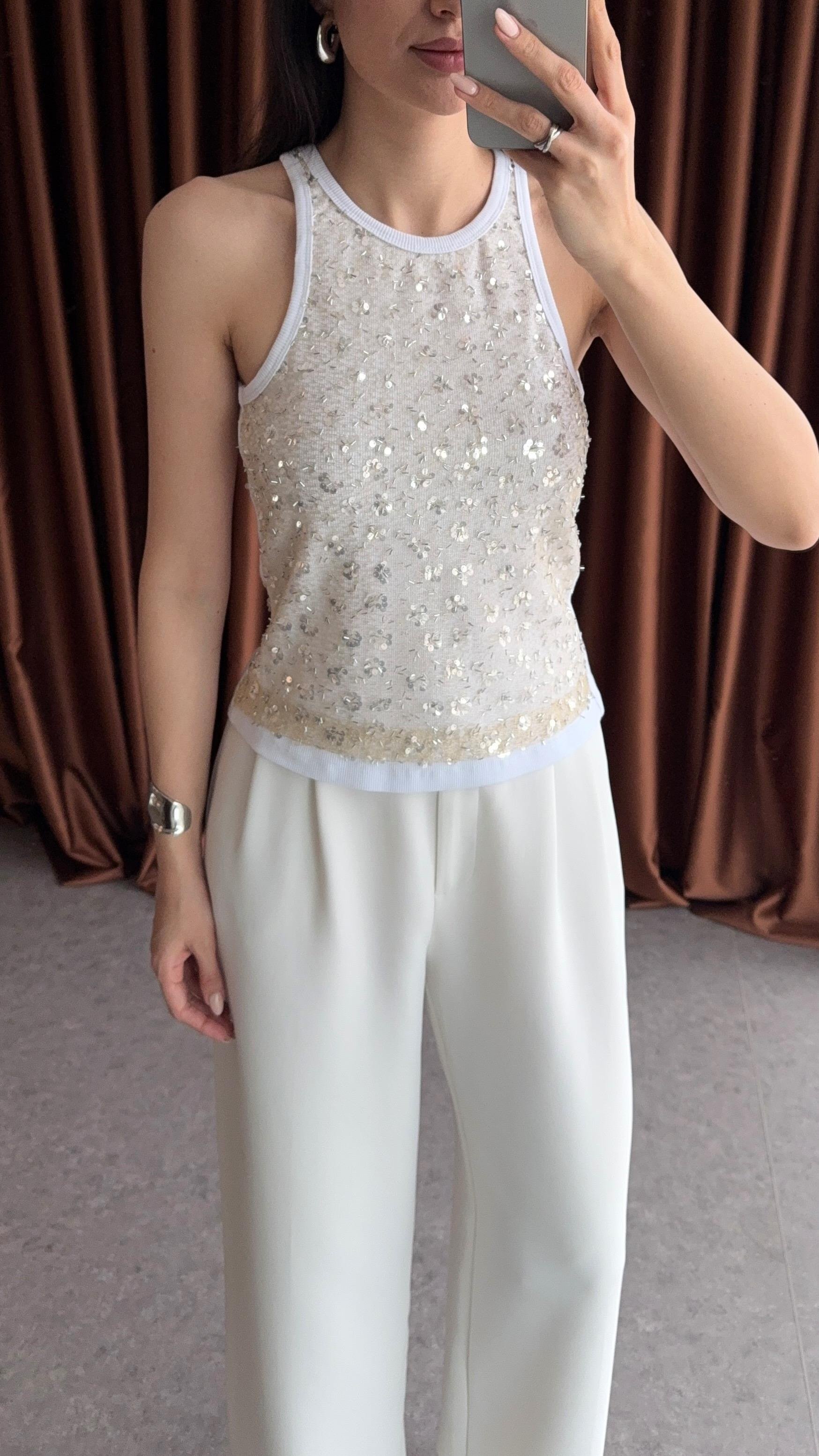 Halter Yaka Taşlı Ekru Bluz