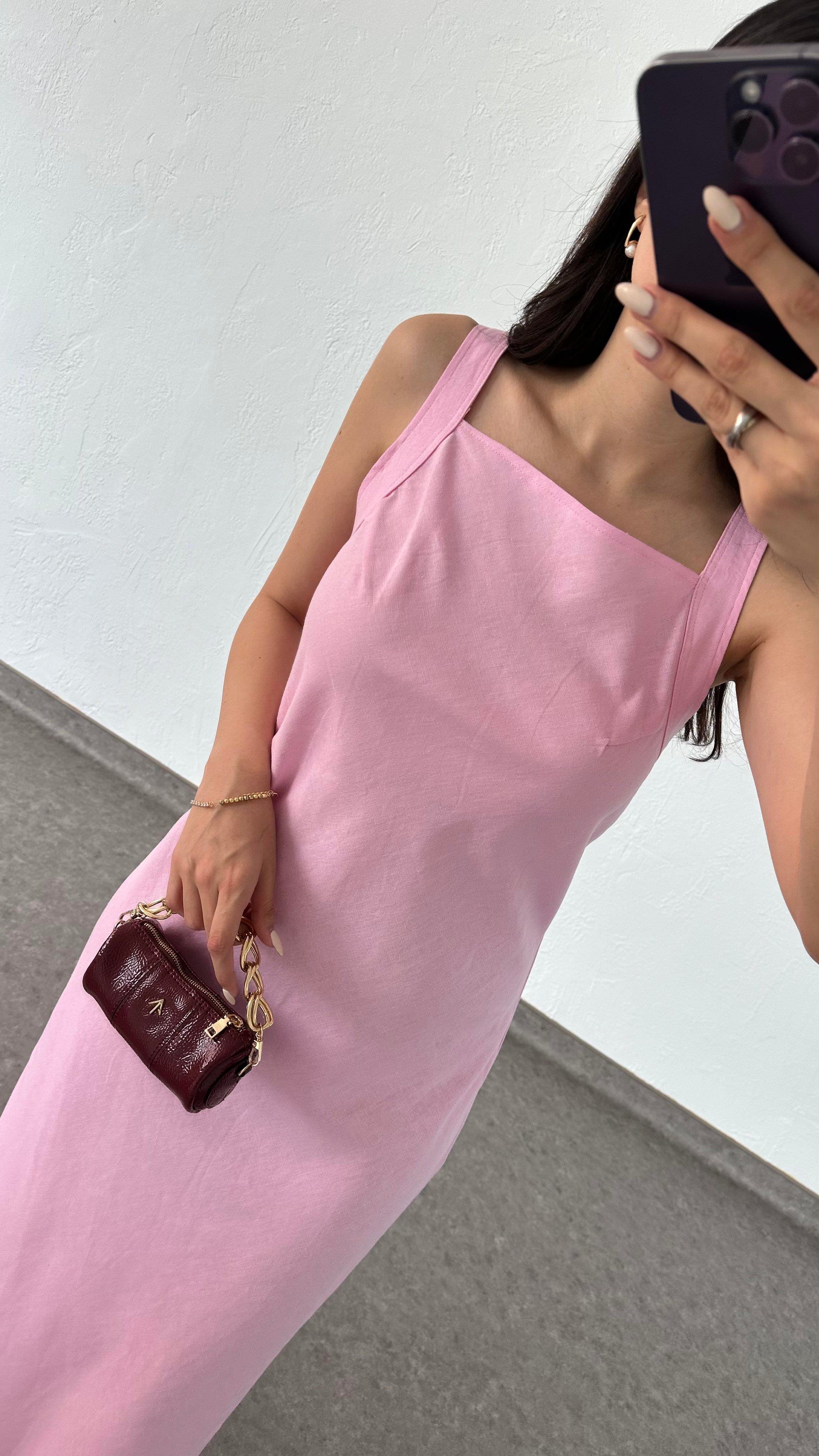 Ham Keten Premium Pembe Elbise