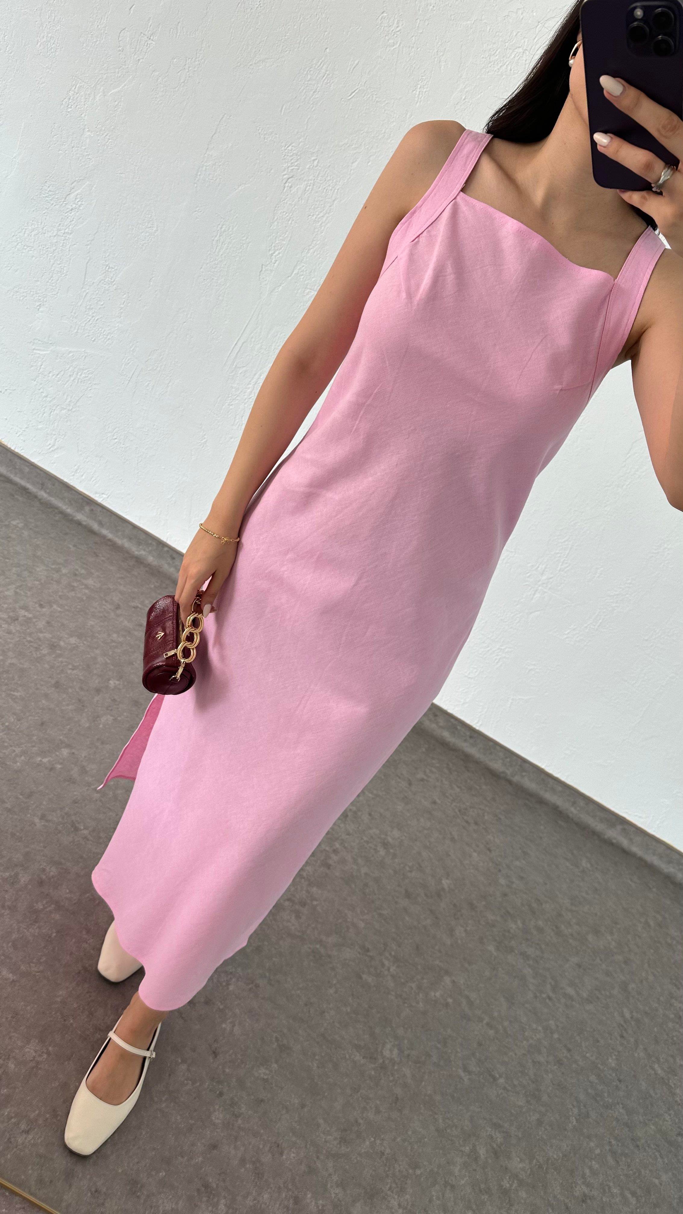 Ham Keten Premium Pembe Elbise