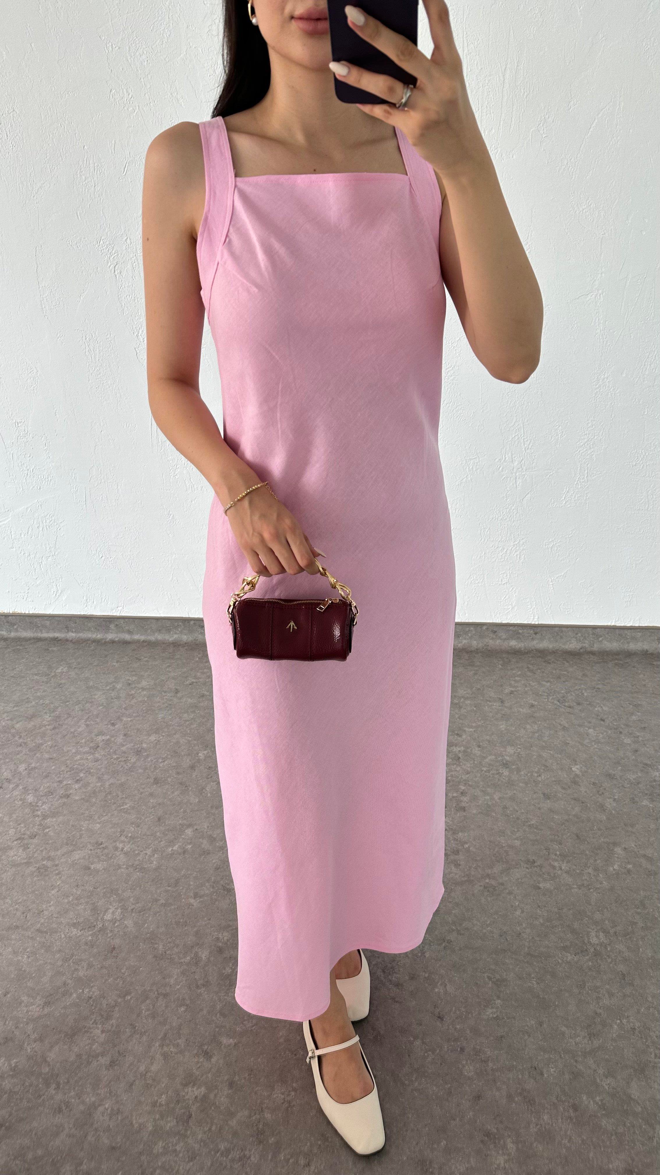 Ham Keten Premium Pembe Elbise