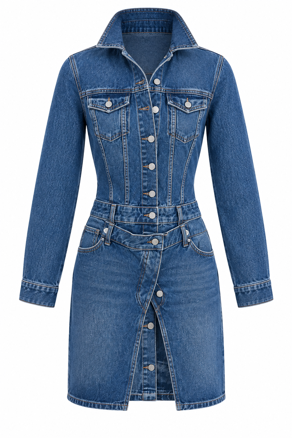 İki Parçalı Tasarım Denim Elbise