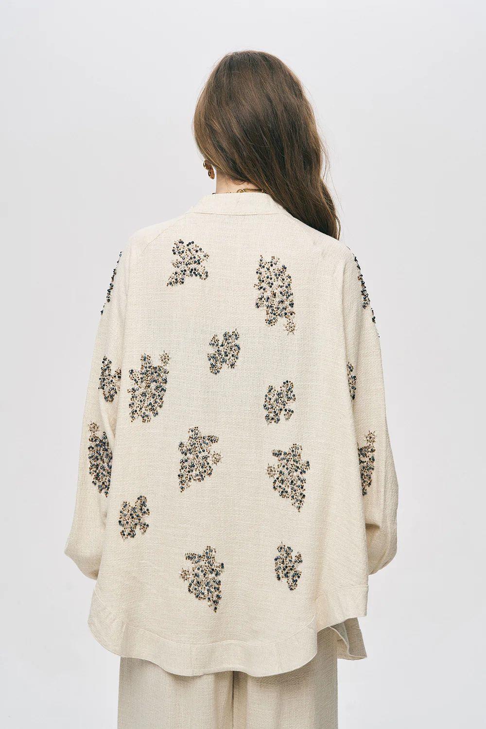 İşlemeli Keten Pamuklu Naturel Takım