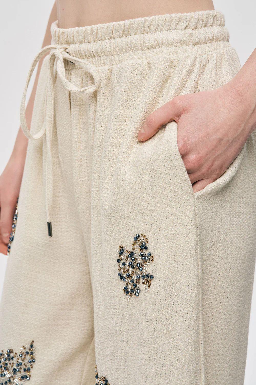 İşlemeli Keten Pamuklu Naturel Takım