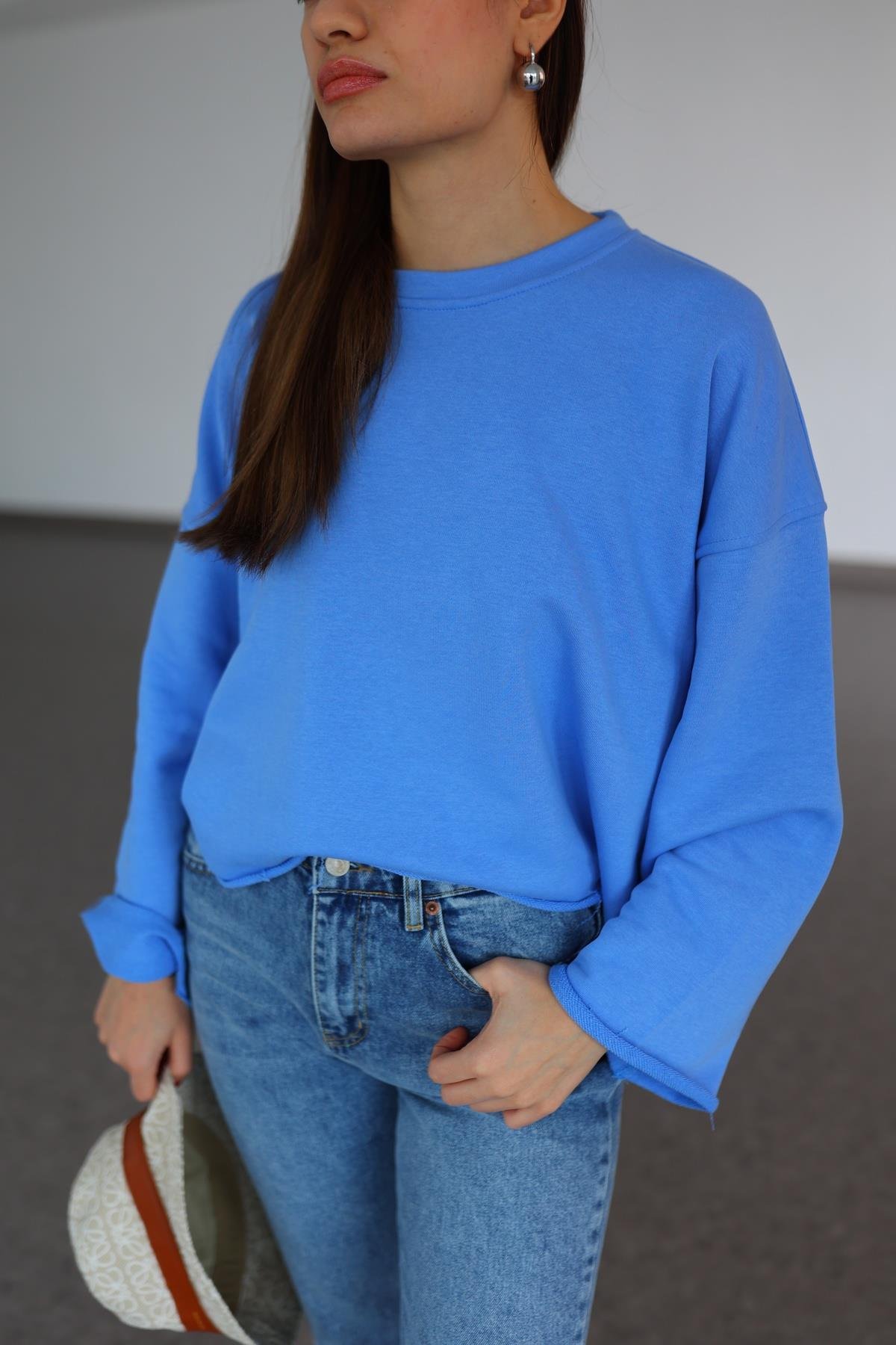 İspanyol Kol Basic Mavi Sweat