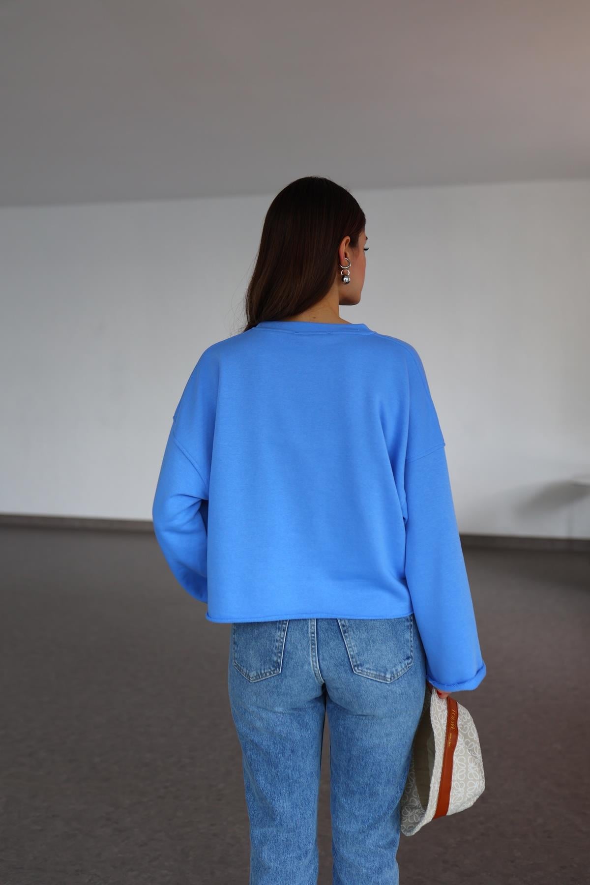 İspanyol Kol Basic Mavi Sweat