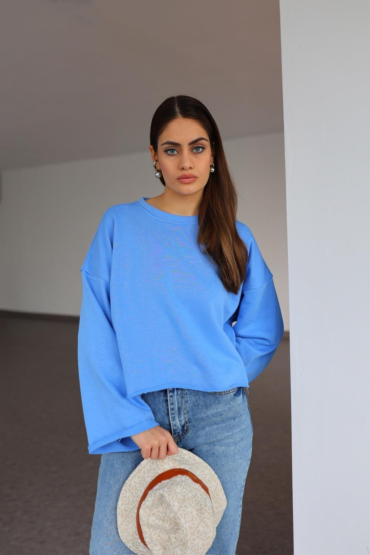 İspanyol Kol Basic Mavi Sweat