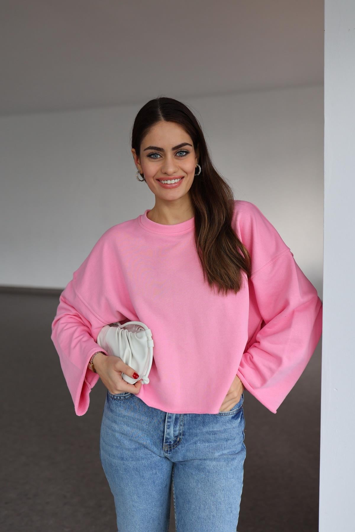 İspanyol Kol Basic Pembe Sweat