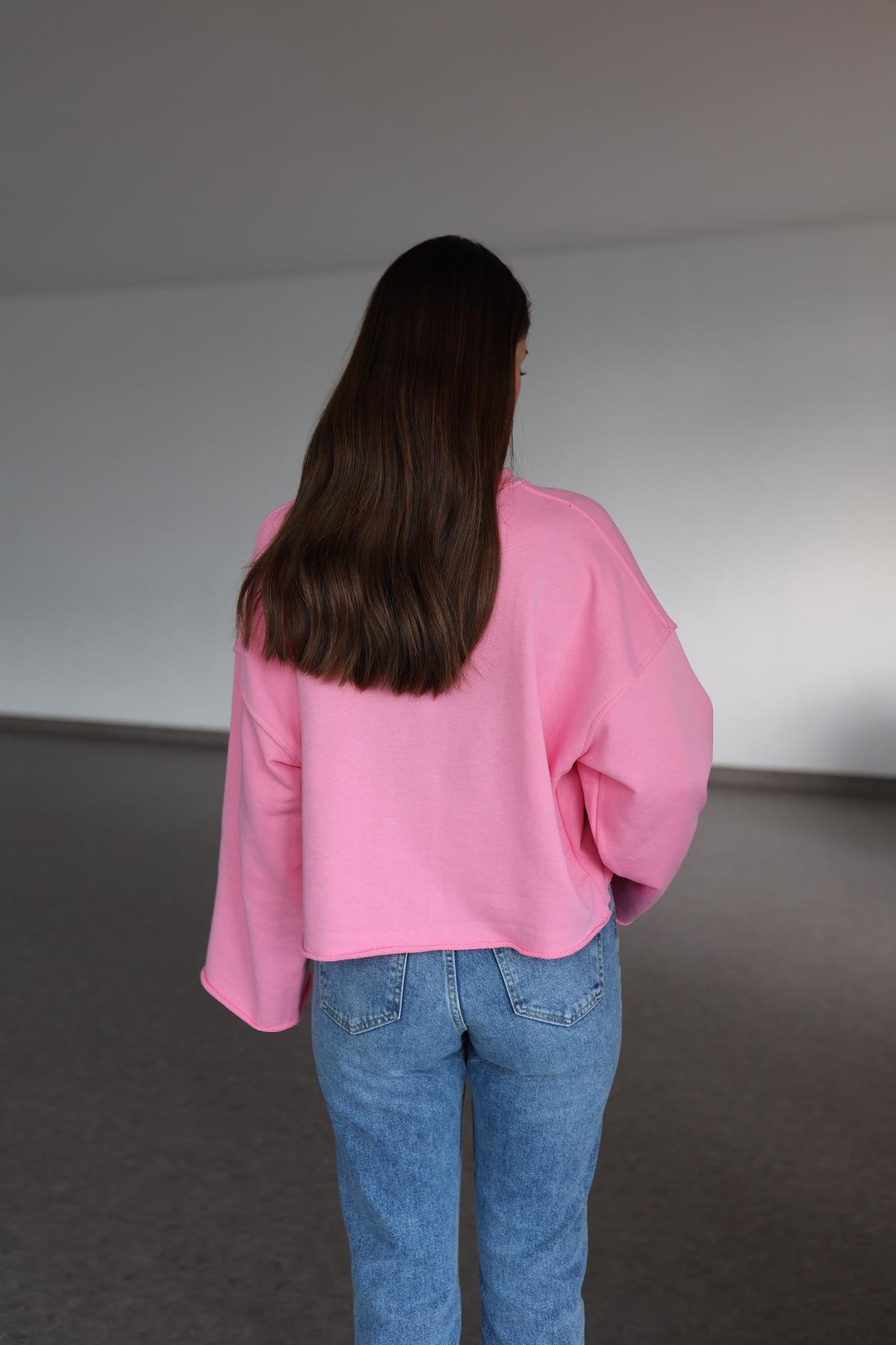 İspanyol Kol Basic Pembe Sweat