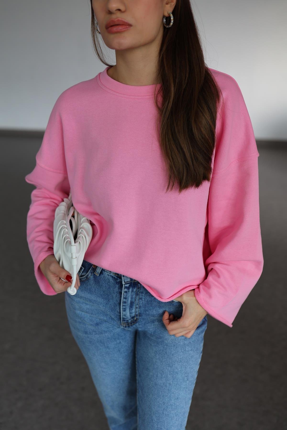 İspanyol Kol Basic Pembe Sweat