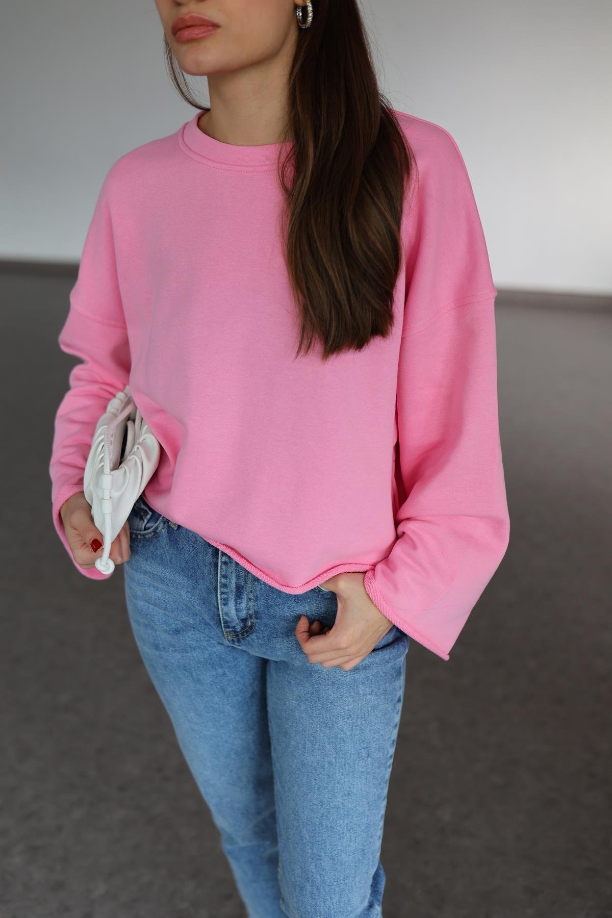 İspanyol Kol Basic Pembe Sweat