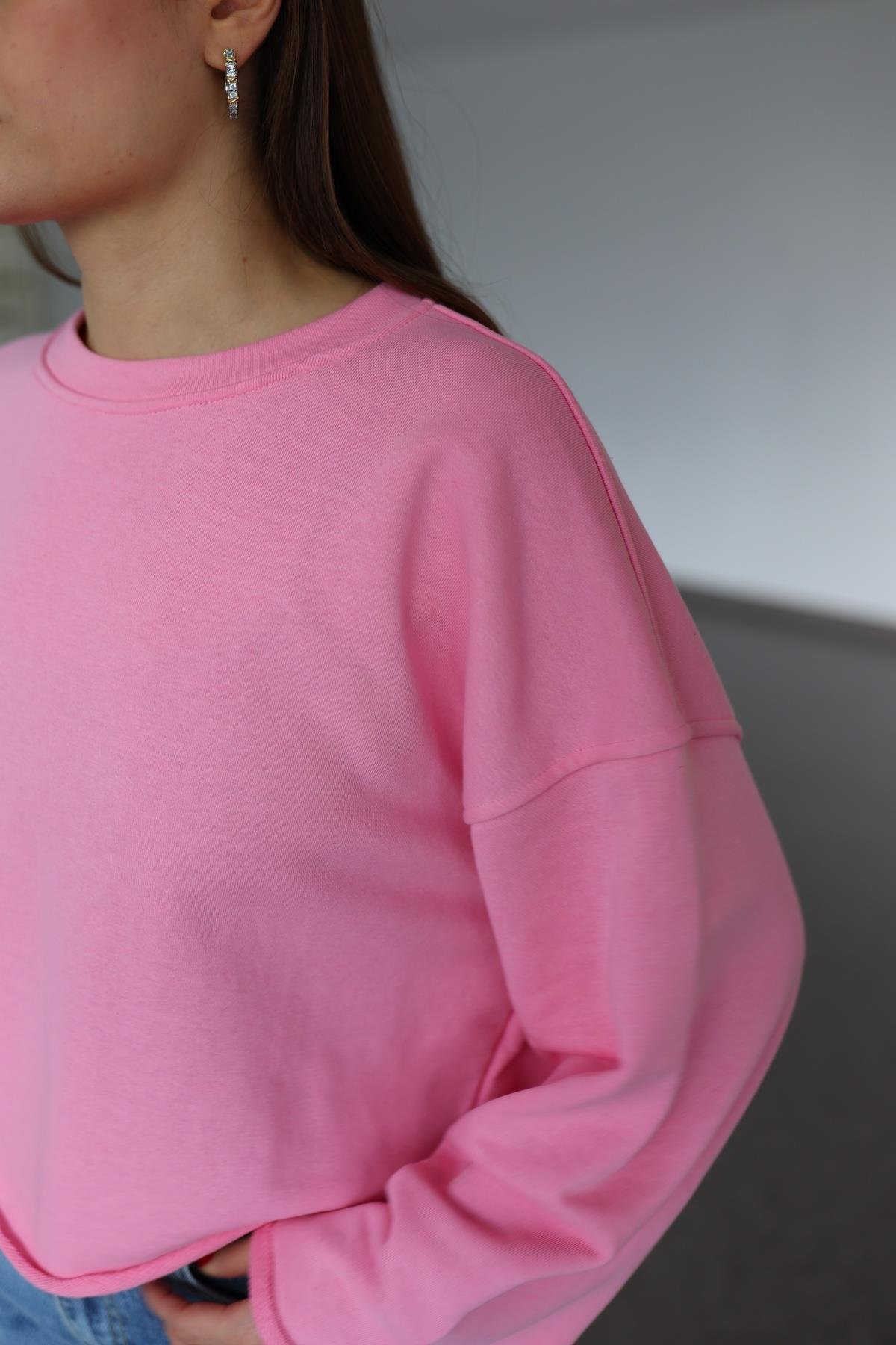 İspanyol Kol Basic Pembe Sweat