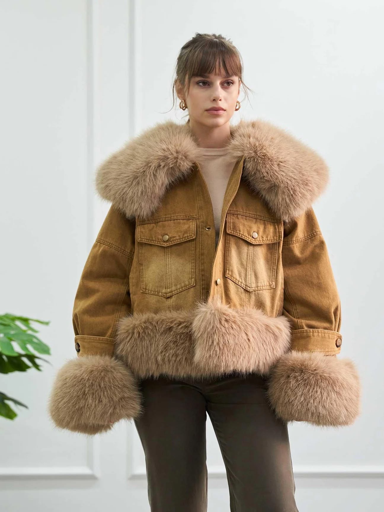 İthal Kürk Yaka Denim Mont