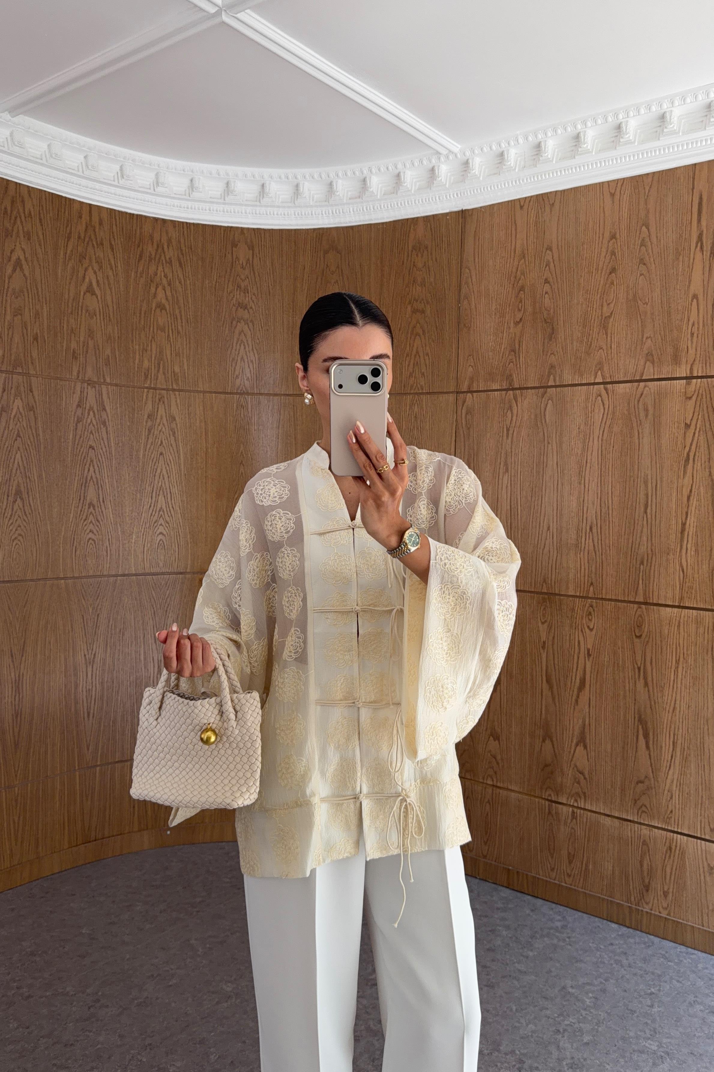 Jakar Desenli Mandarin Butter Yellow Bluz