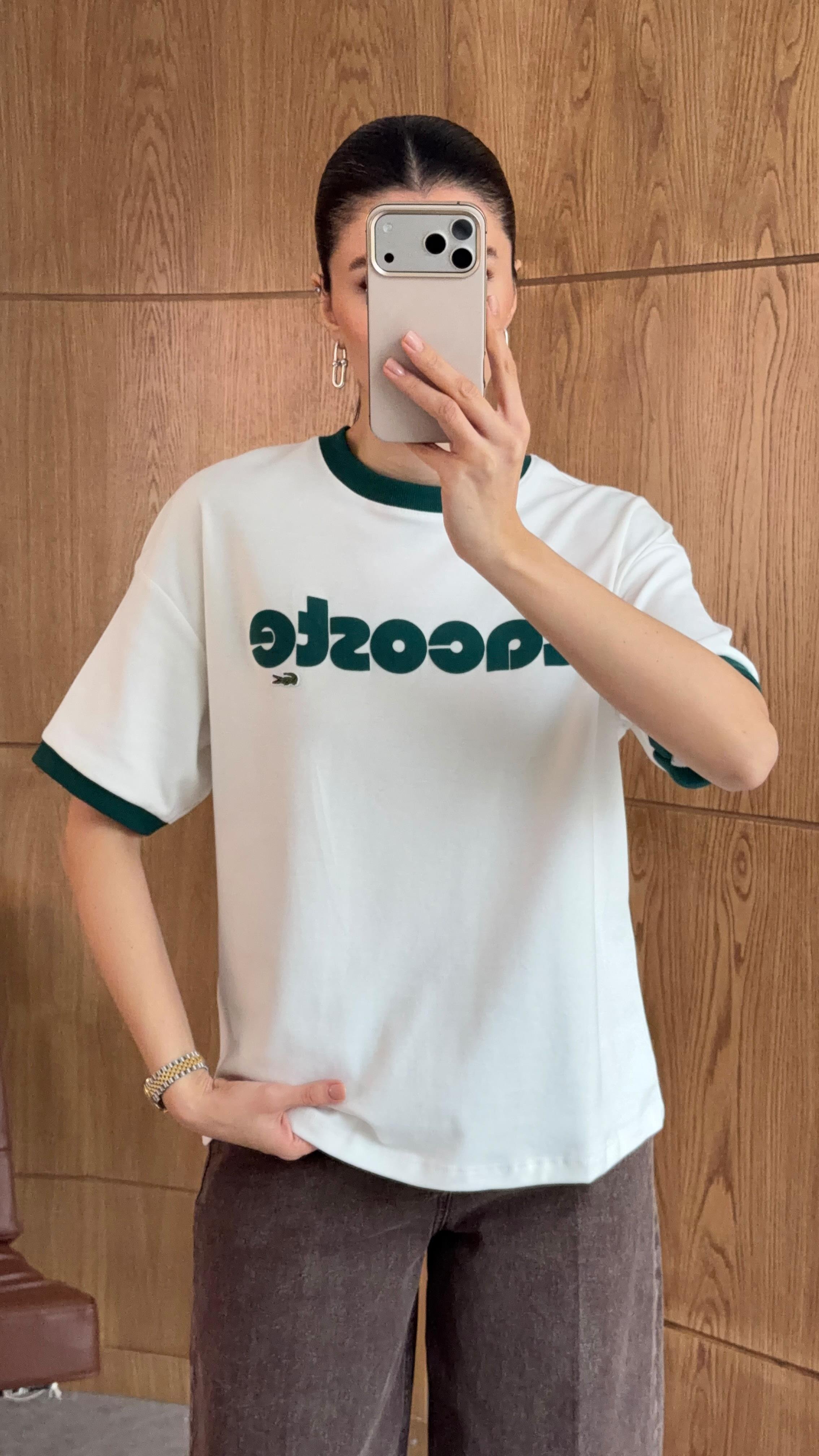 Kabartma Yazılı Coste Yeşil Tshirt