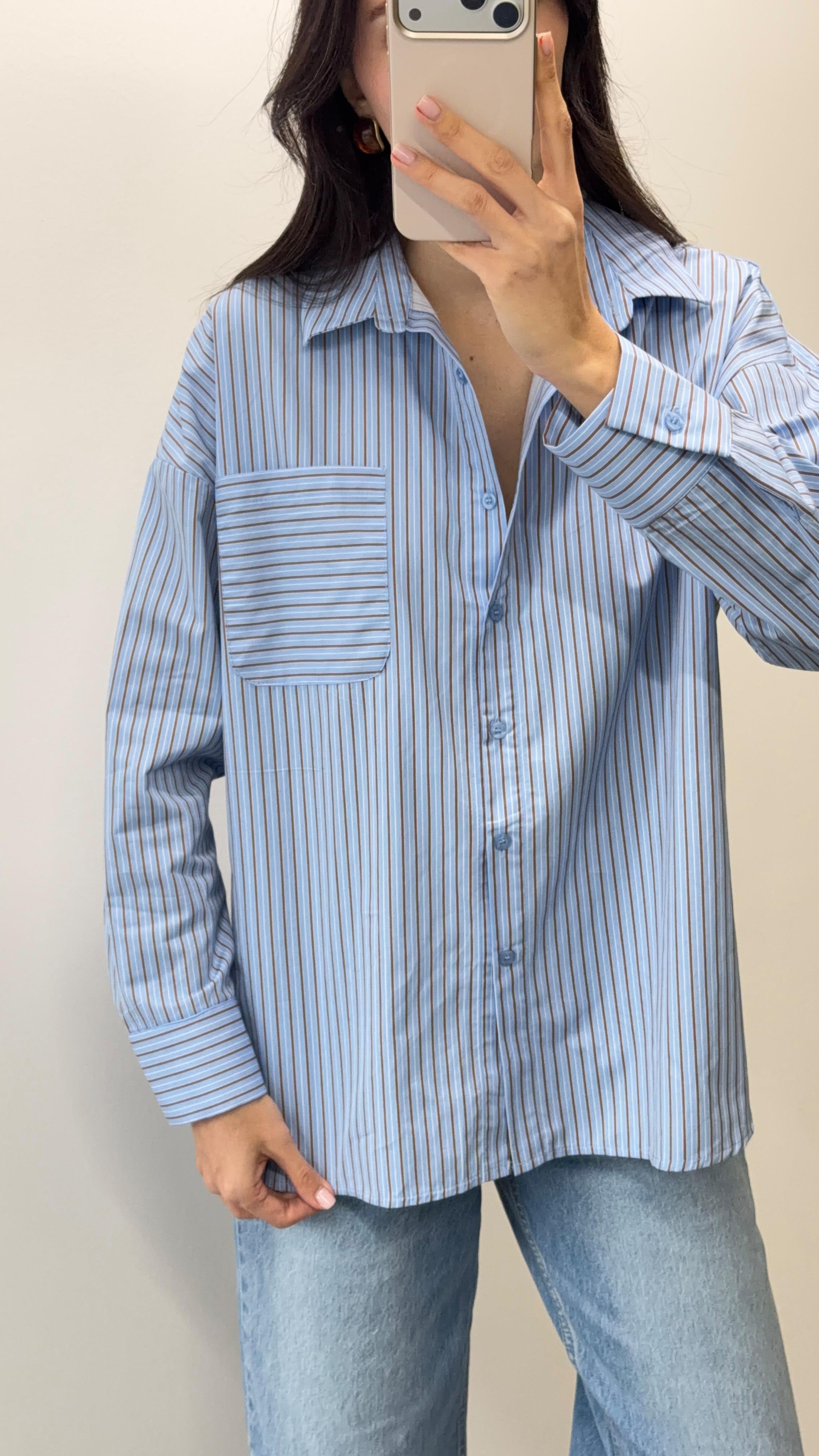 Kahve Çizgili Mavi Gömlek