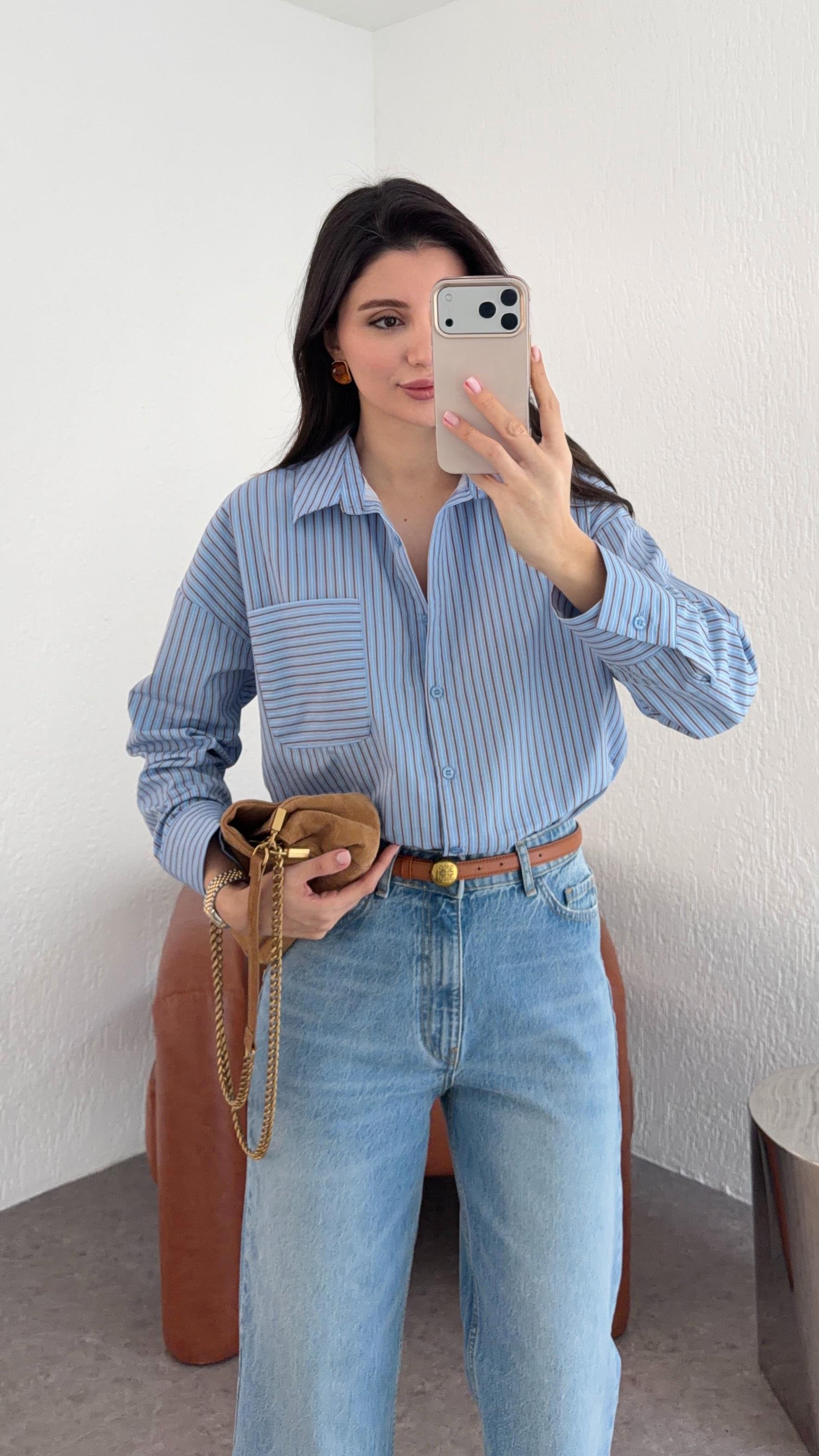 Kahve Çizgili Mavi Gömlek