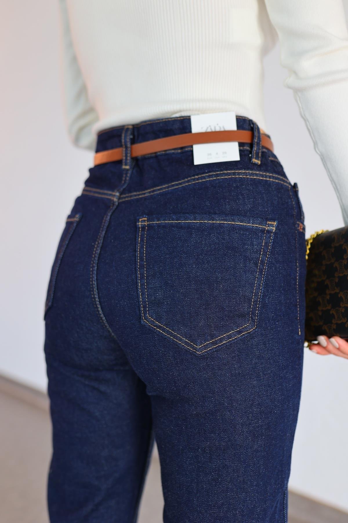 Kahve Dikişli Koyu Lacivert Boyfit Jean
