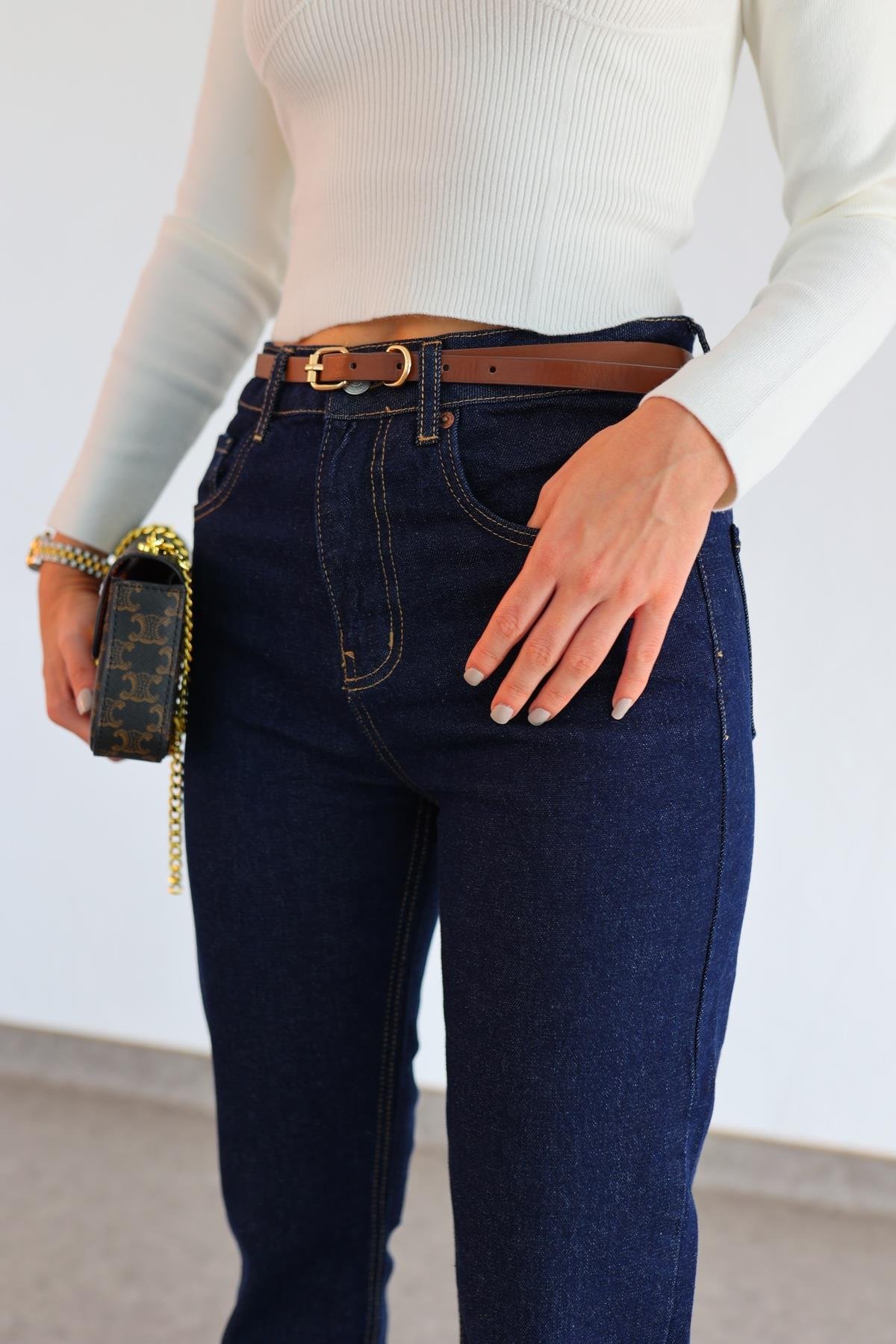 Kahve Dikişli Koyu Lacivert Boyfit Jean