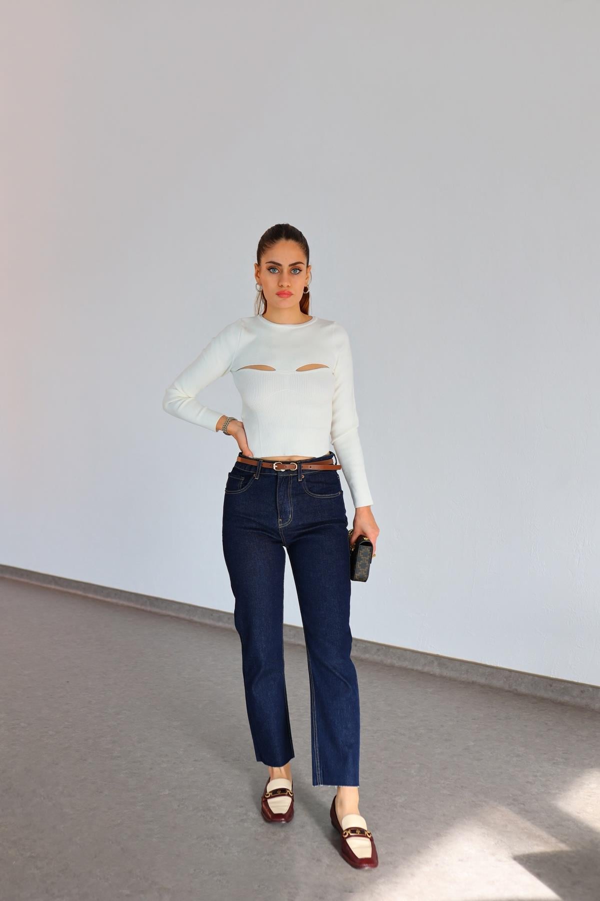Kahve Dikişli Koyu Lacivert Boyfit Jean