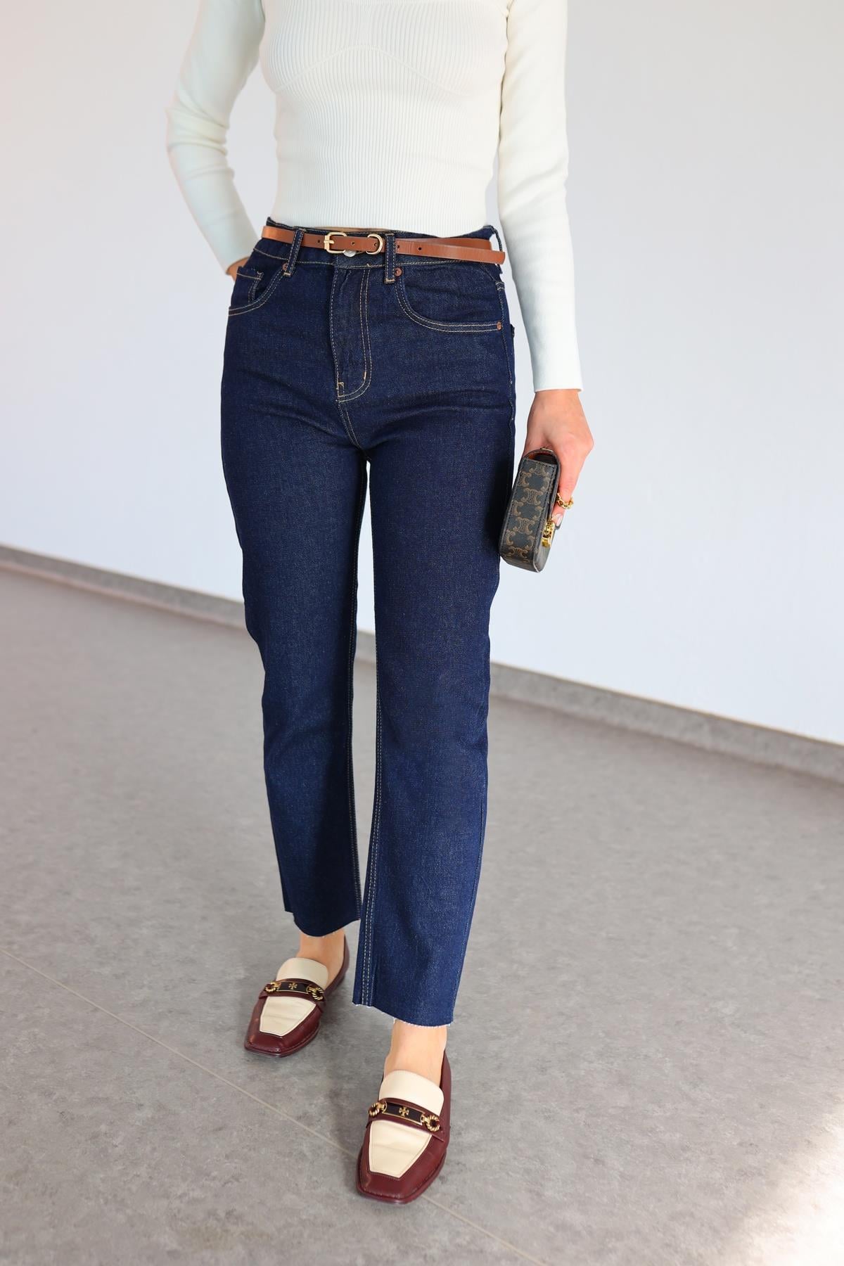 Kahve Dikişli Koyu Lacivert Boyfit Jean
