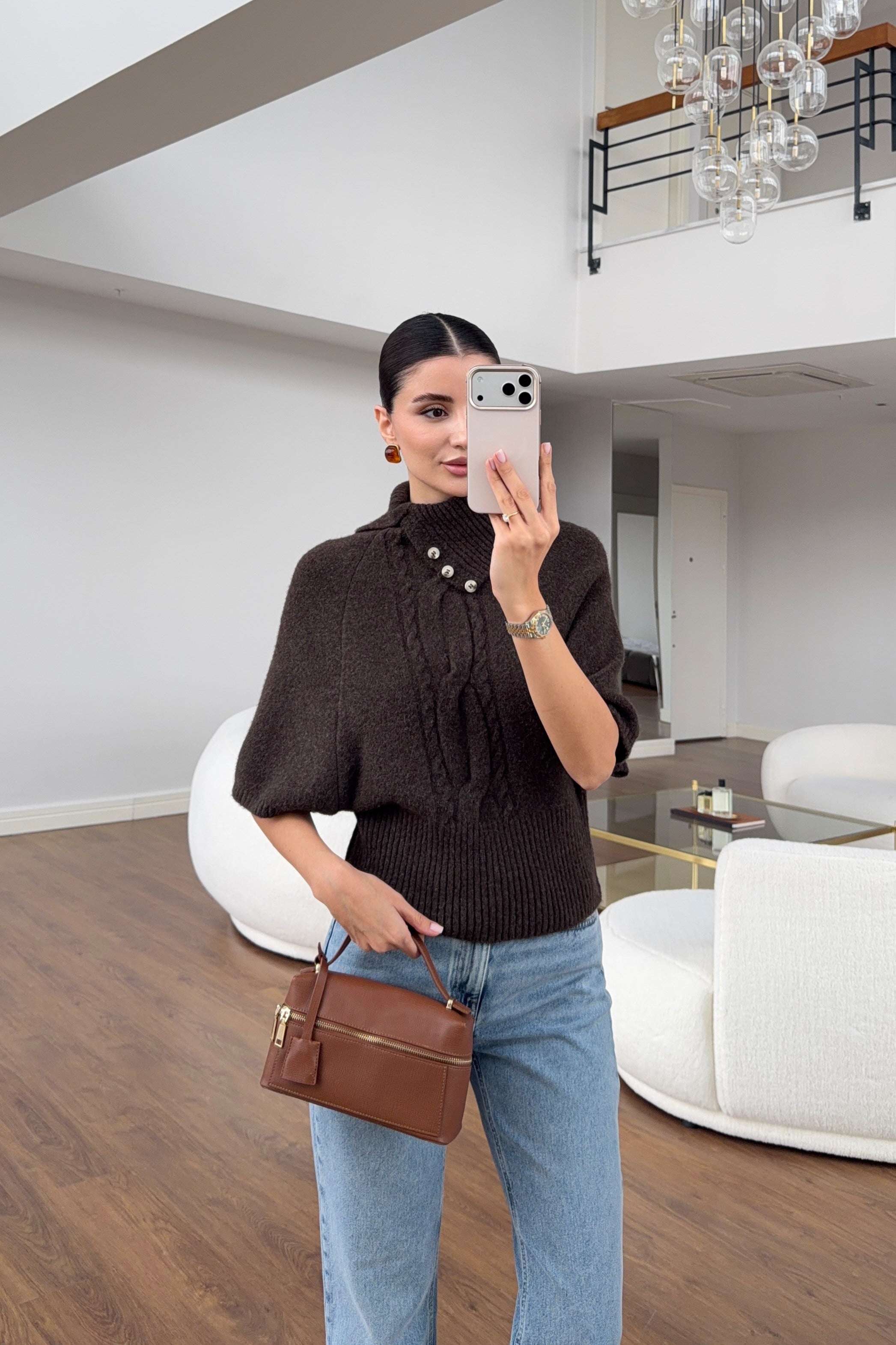 Kahverengi Retro Stil Yüksek Yaka Saç Örgü Triko Bluz