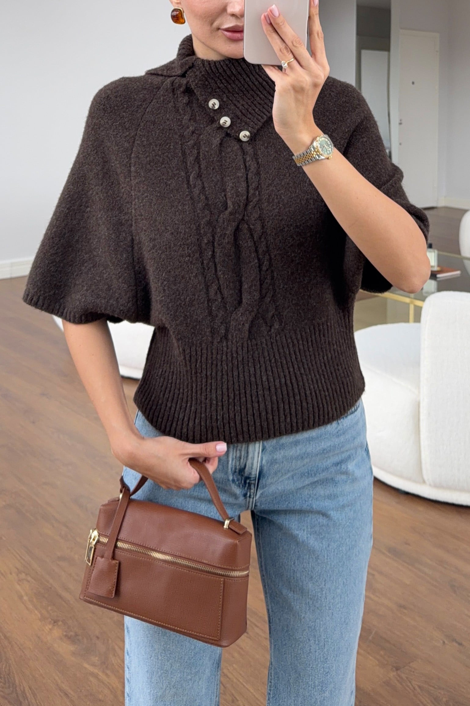 Kahverengi Retro Stil Yüksek Yaka Saç Örgü Triko Bluz