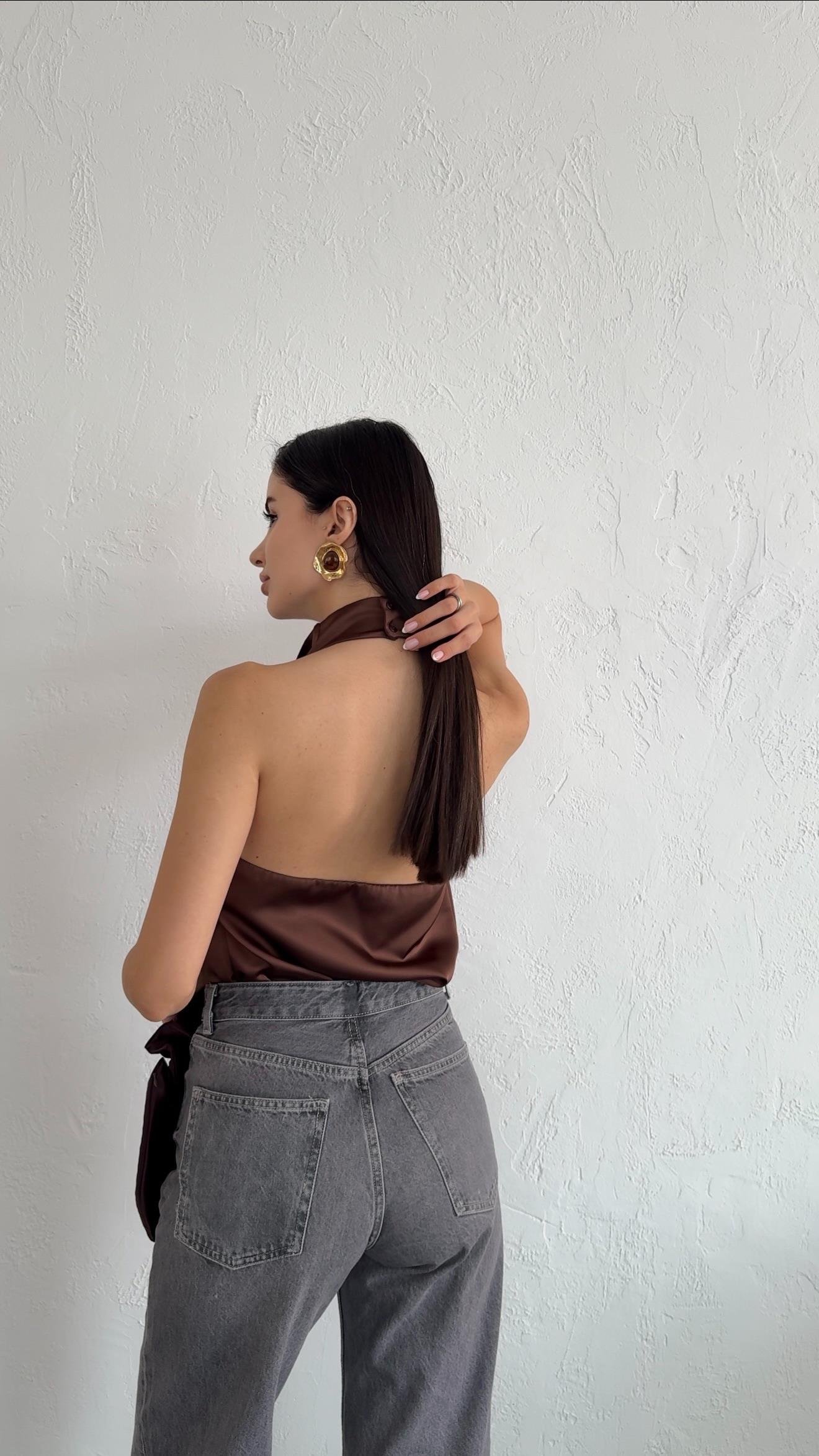 Kahverengi Saten Bluz