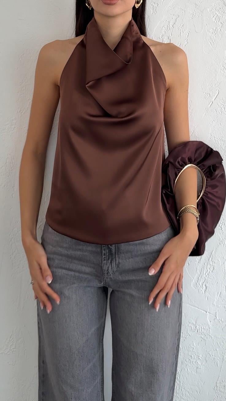 Kahverengi Saten Bluz