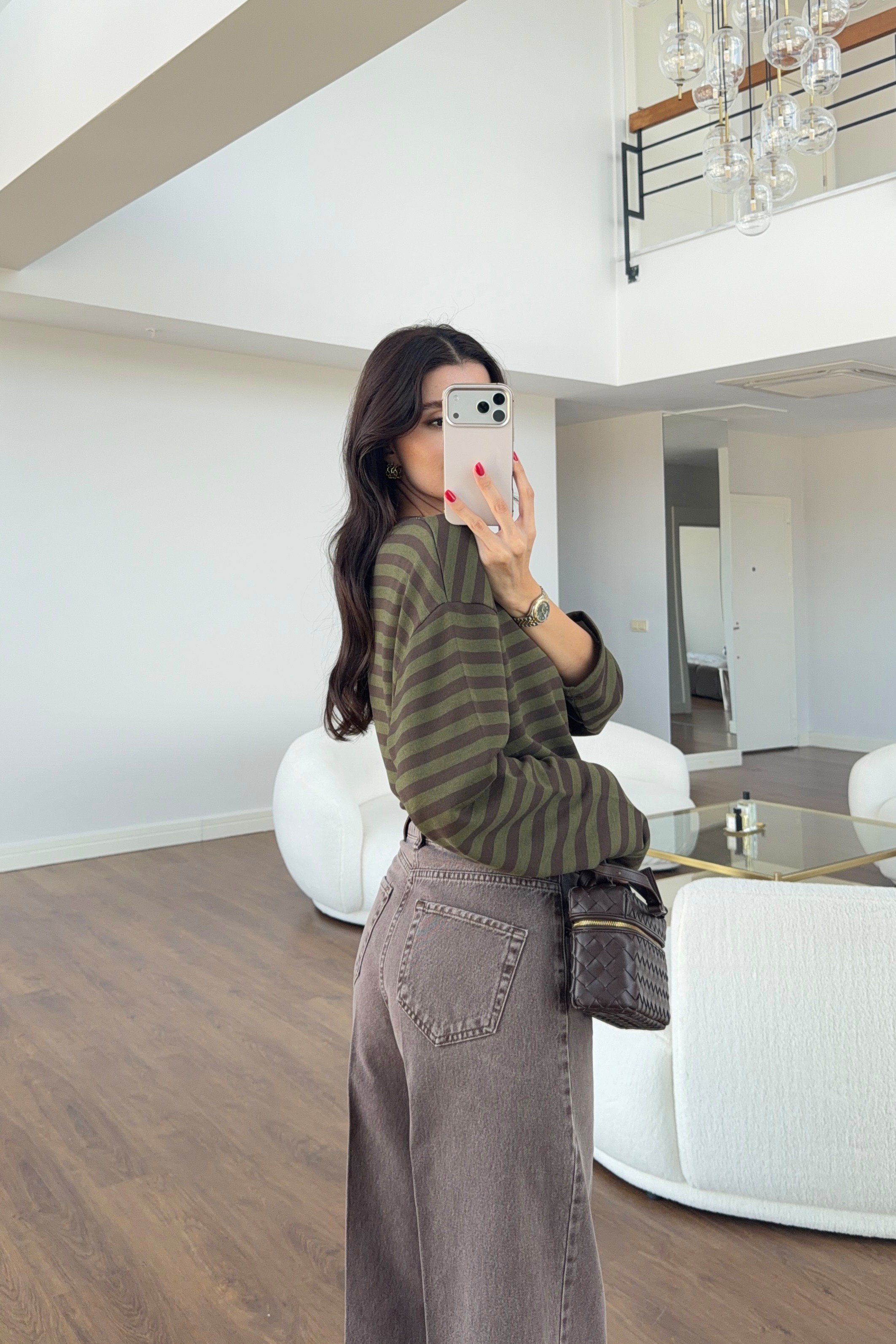 Kahverengi Yıkamalı Ütü İzli Wide Leg Jean