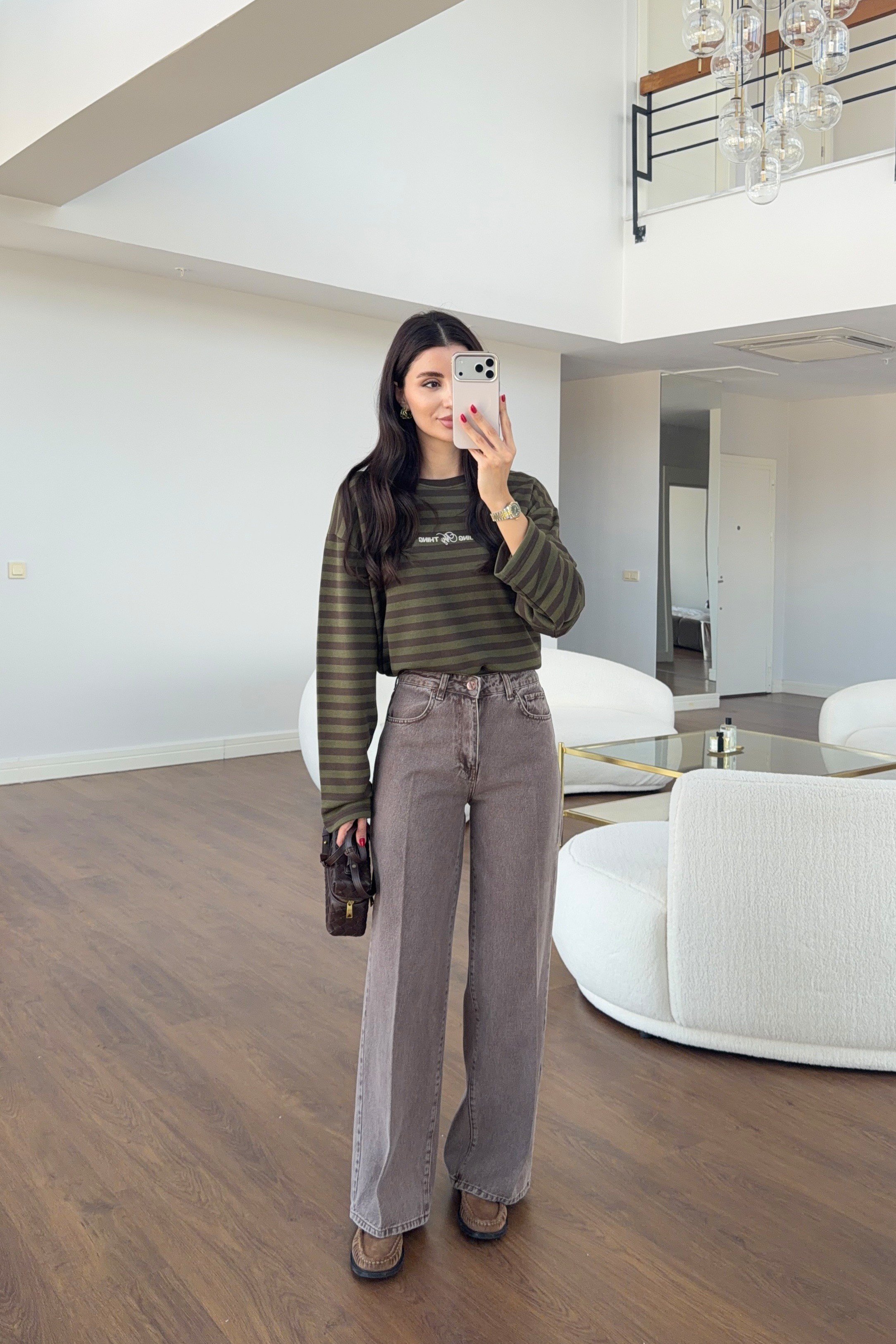 Kahverengi Yıkamalı Ütü İzli Wide Leg Jean