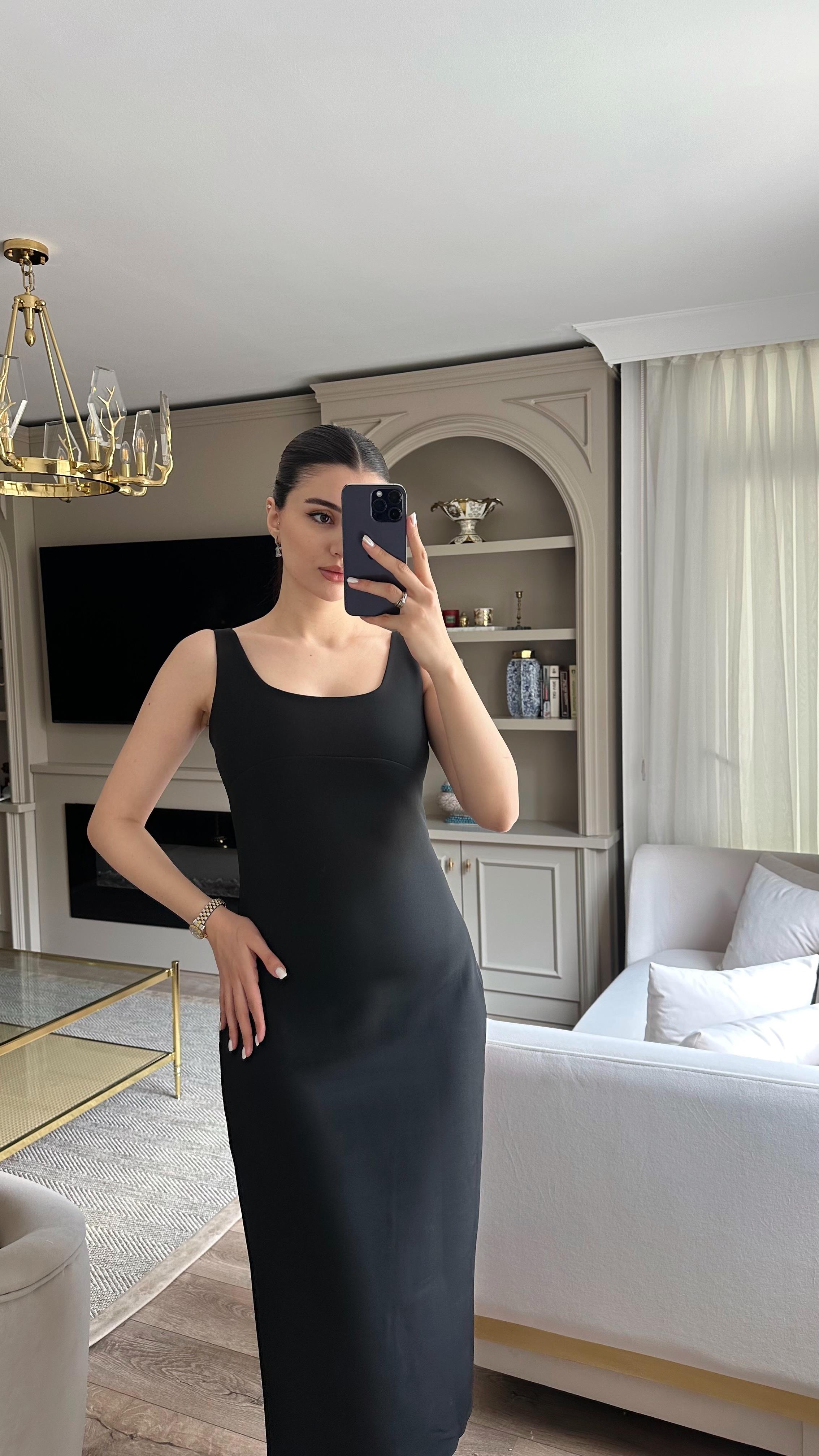 Kalın Askılı Basic Siyah Kalem Elbise