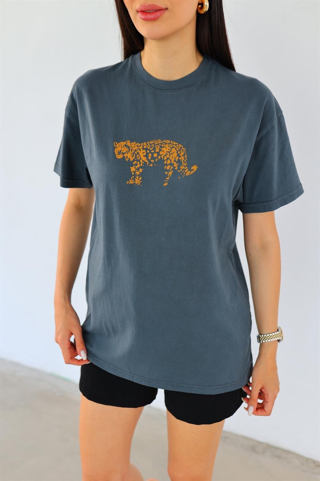 Kaplan Baskılı Yıkamalı Tshirt