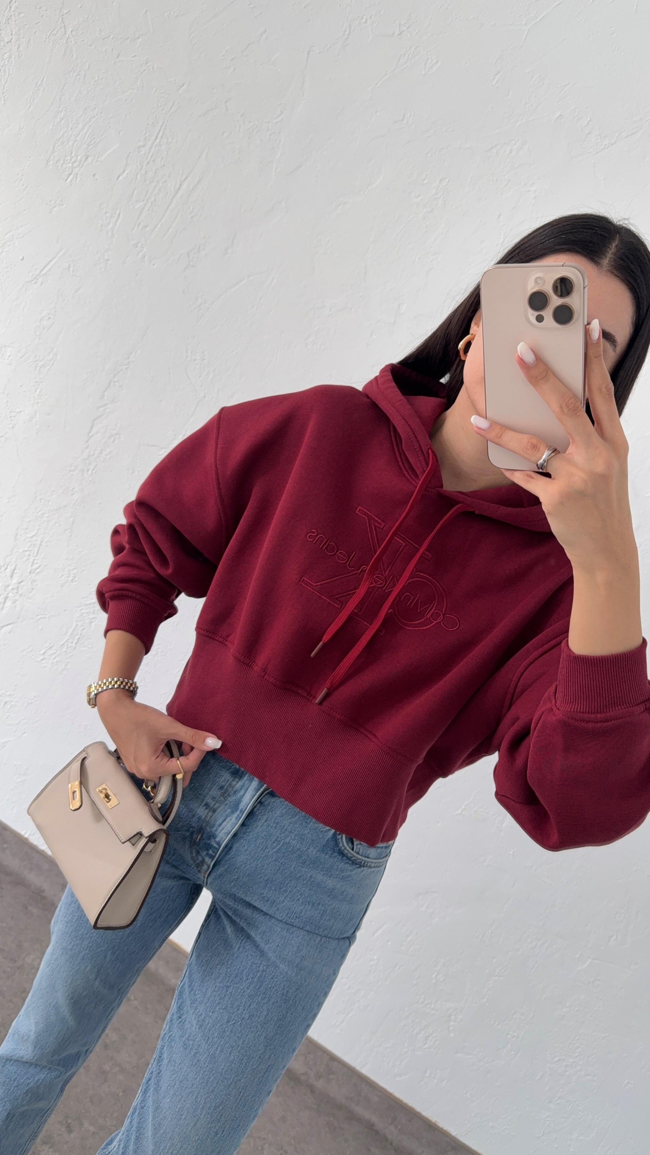 Kapşonlu Bordo Sweatshirt