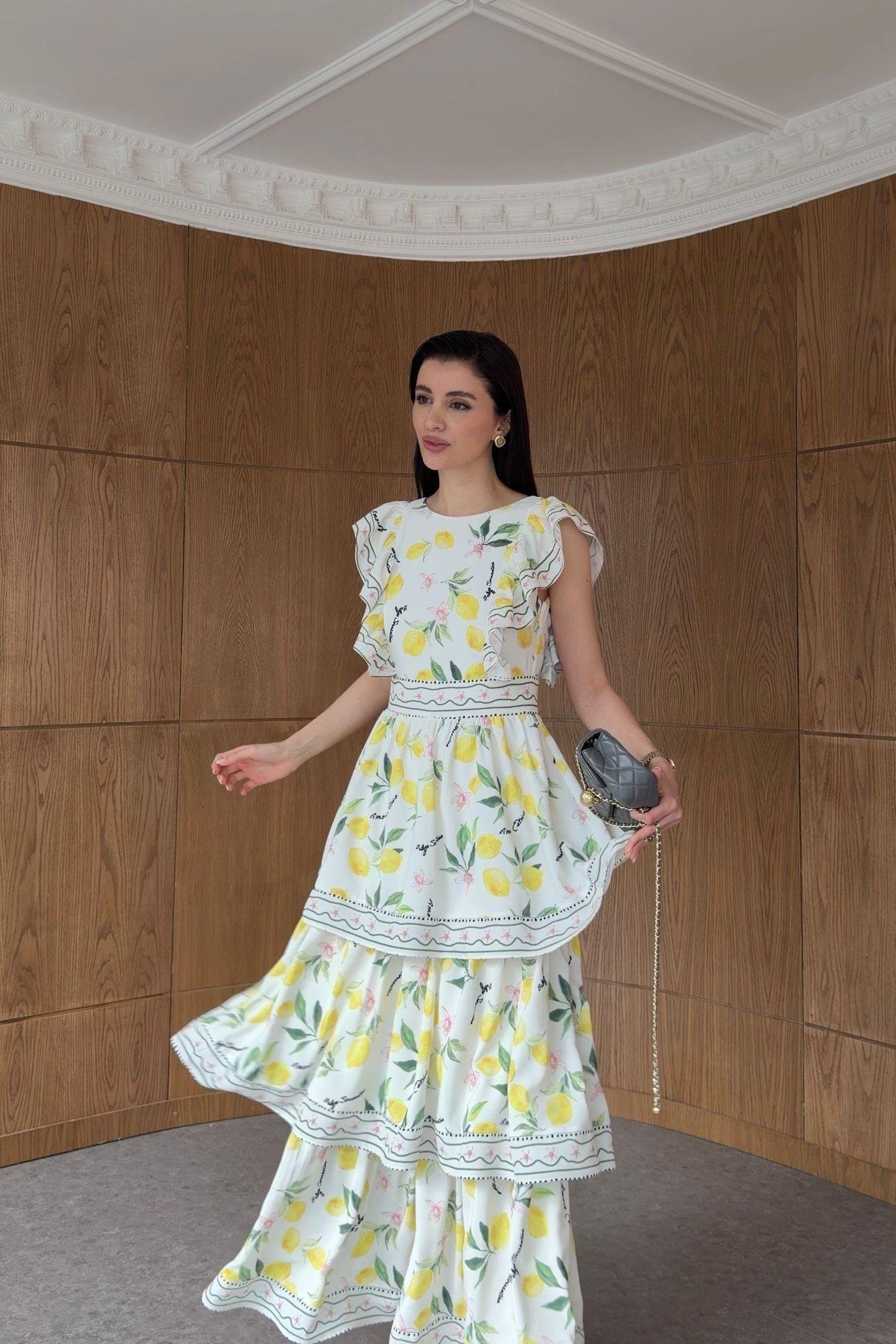 Katlı Limon Detaylı Premium Elbise
