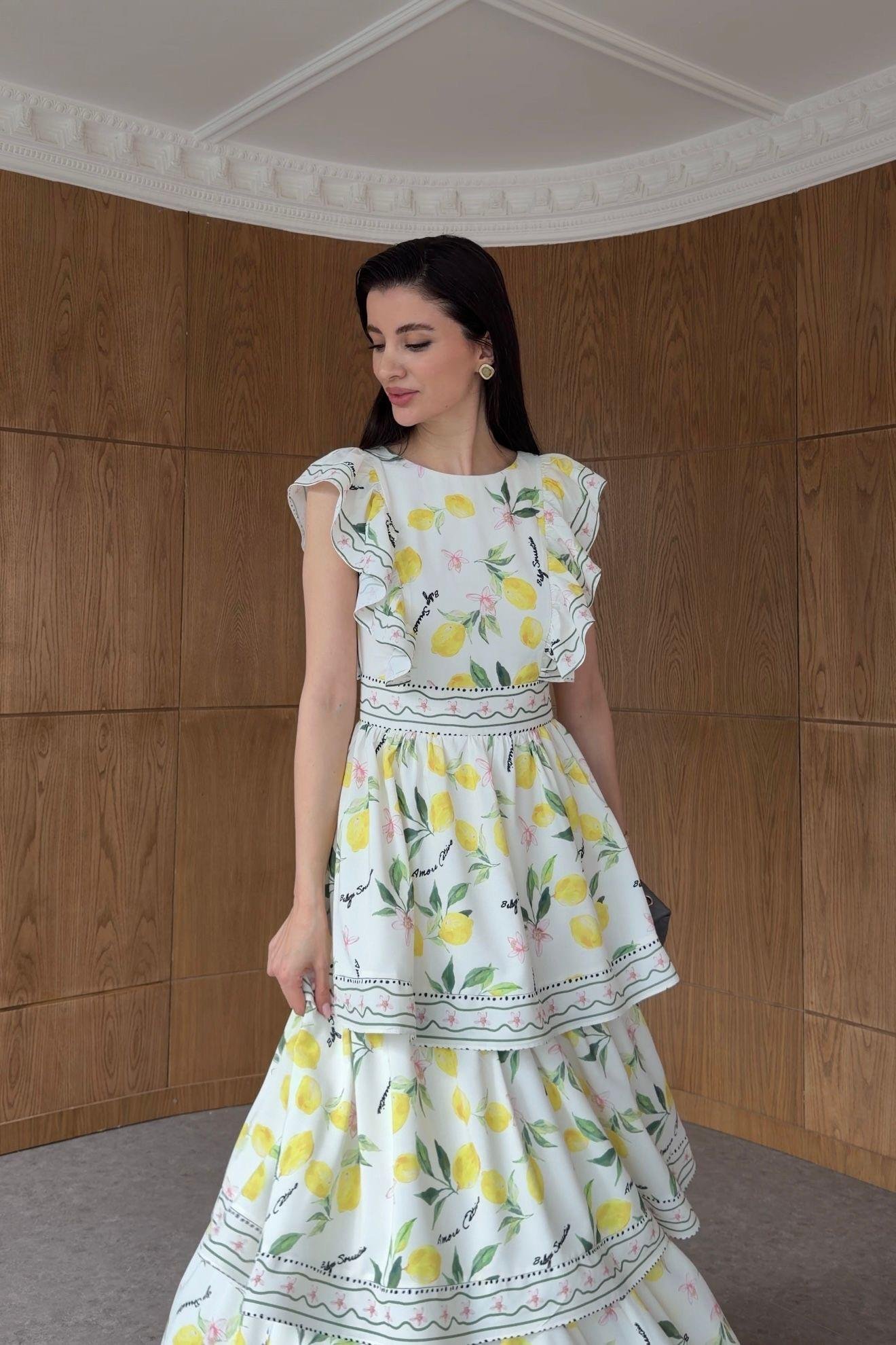 Katlı Limon Detaylı Premium Elbise