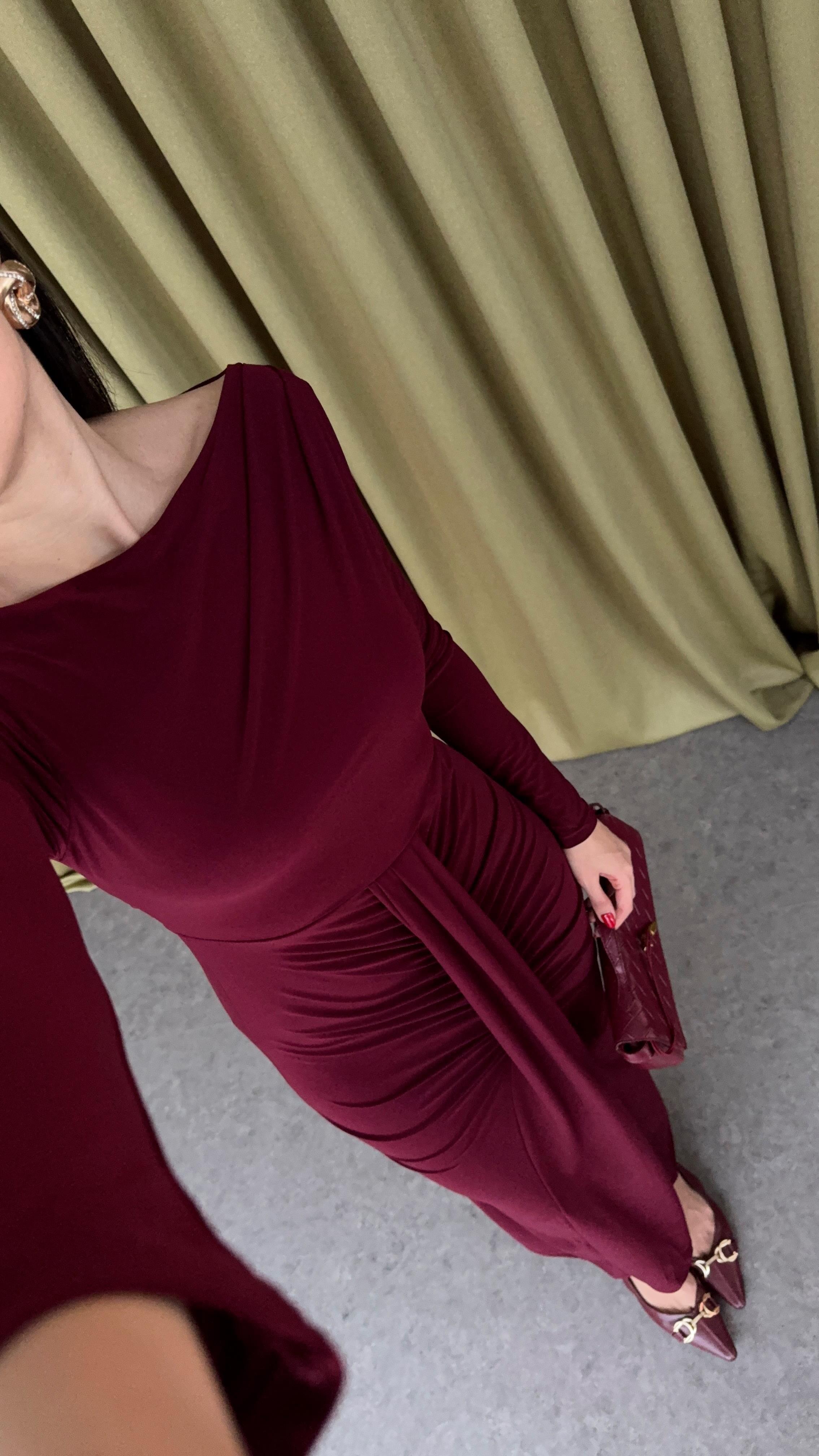 Kayık Yaka Bordo Elbise