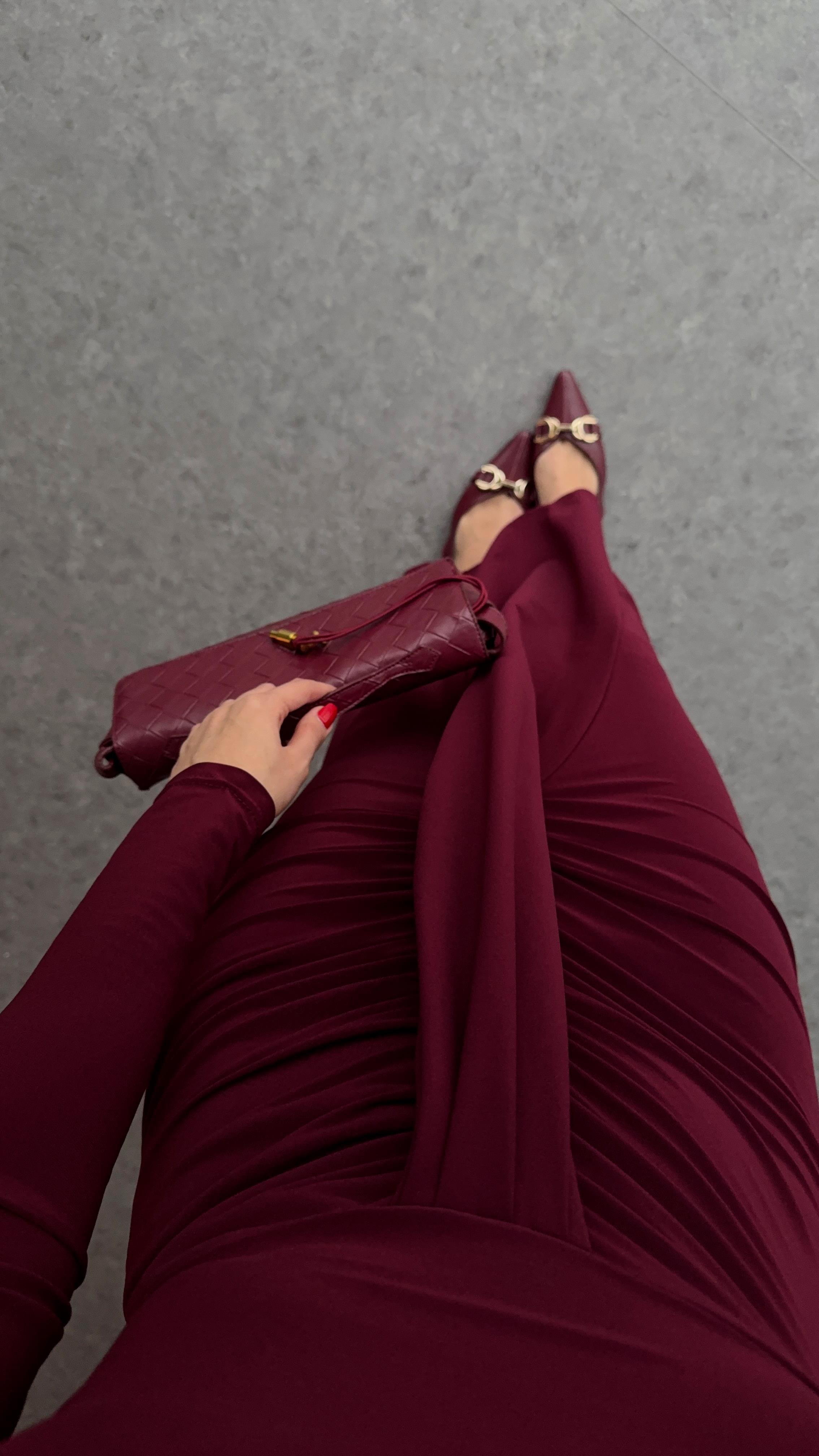 Kayık Yaka Bordo Elbise