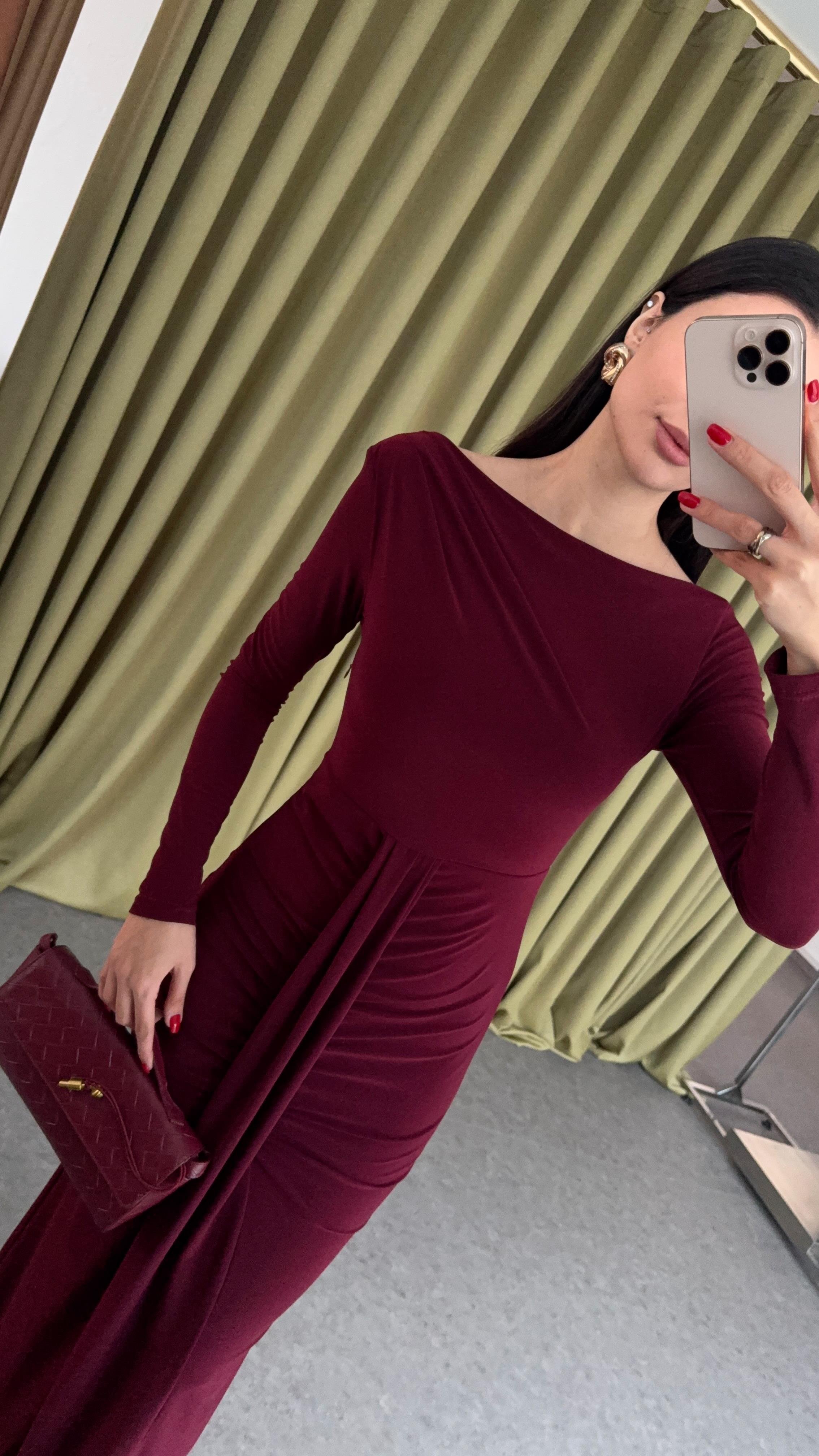 Kayık Yaka Bordo Elbise