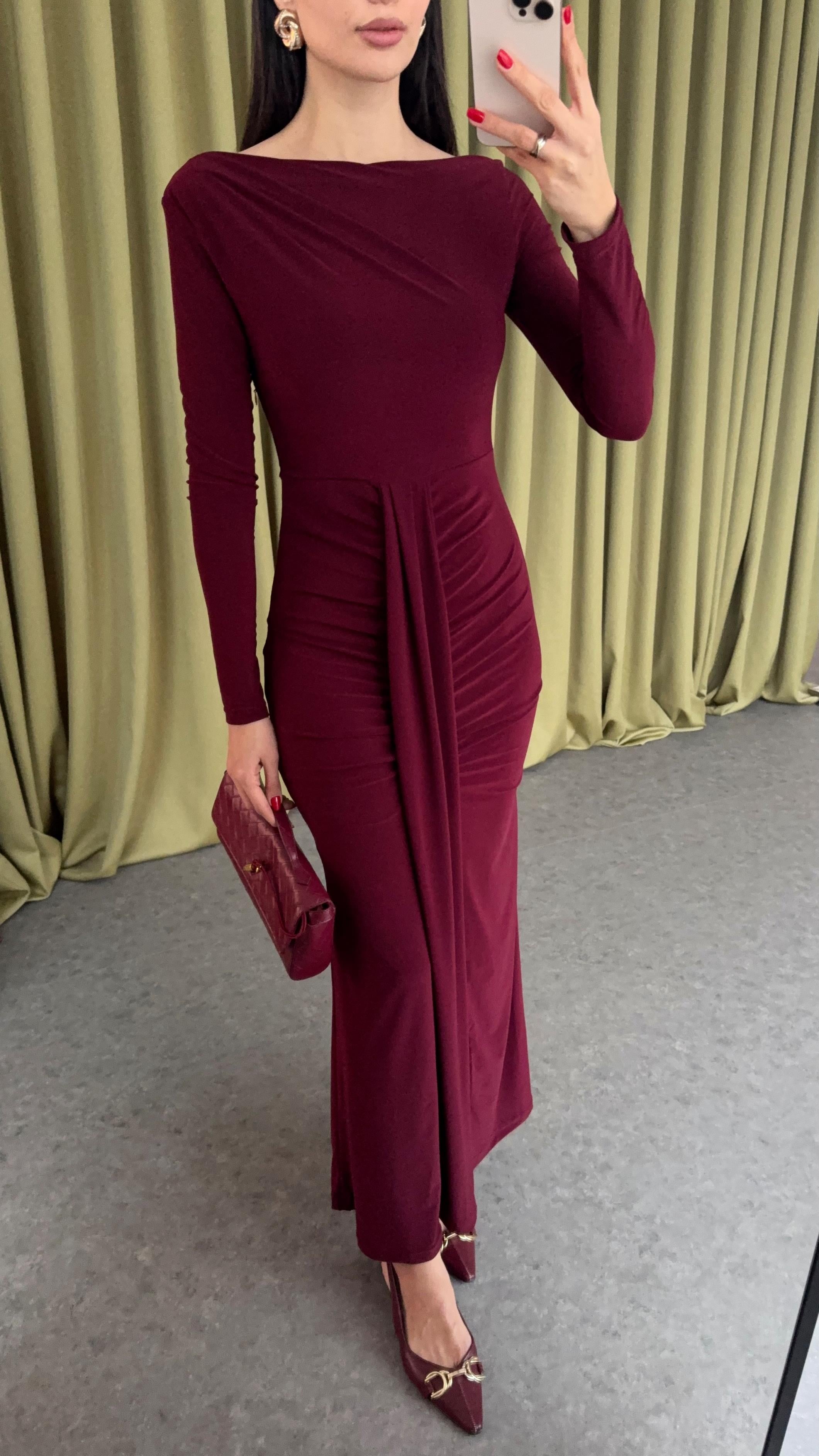 Kayık Yaka Bordo Elbise