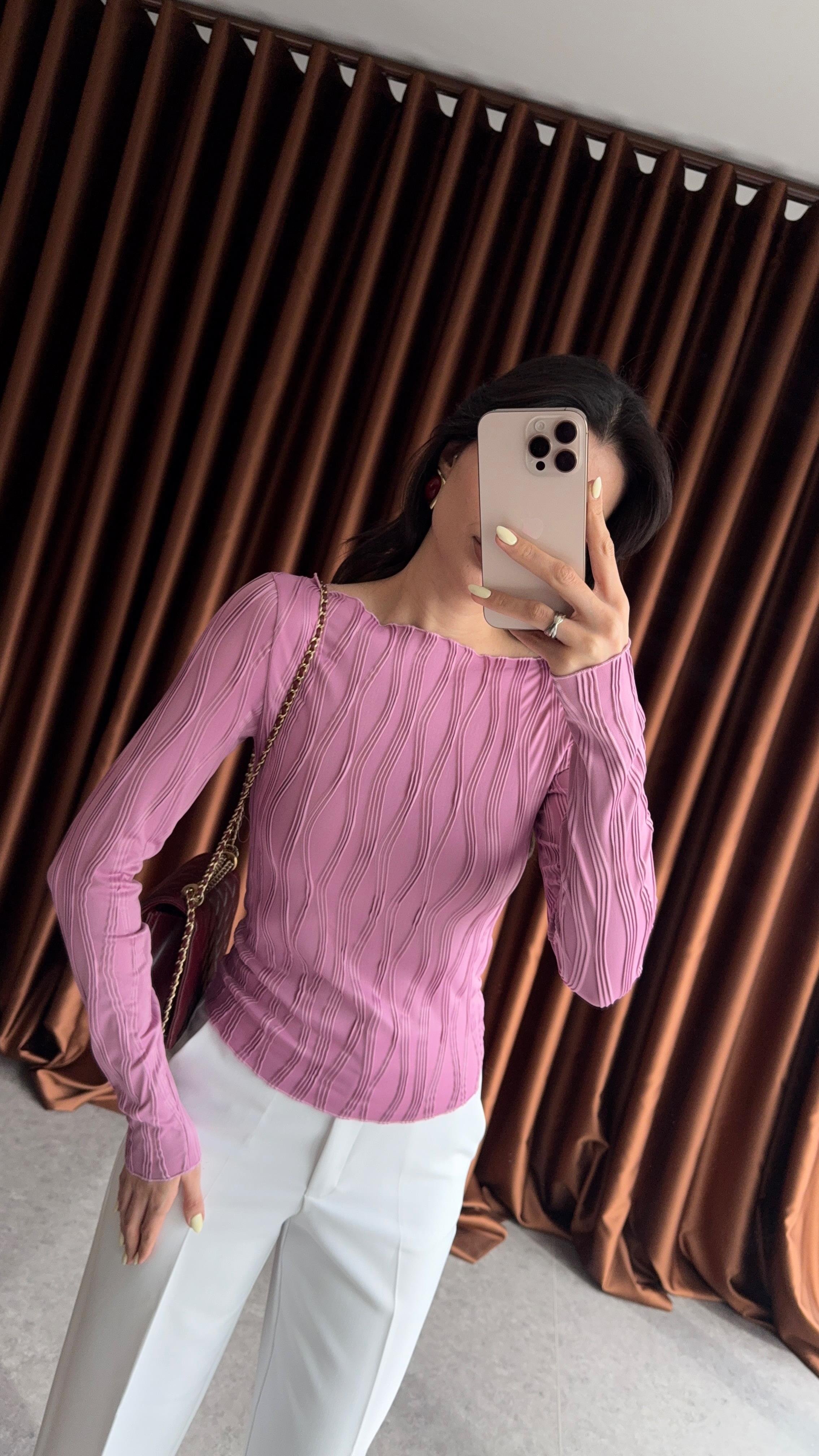 Kayık Yaka Desenli Soft Pembe Bluz