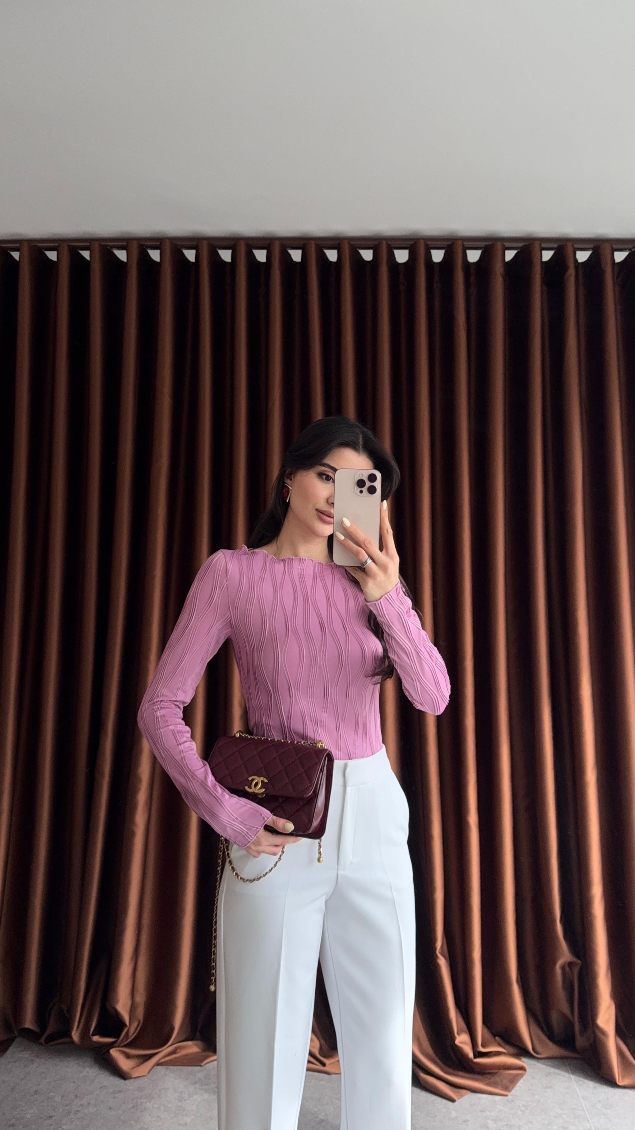 Kayık Yaka Desenli Soft Pembe Bluz