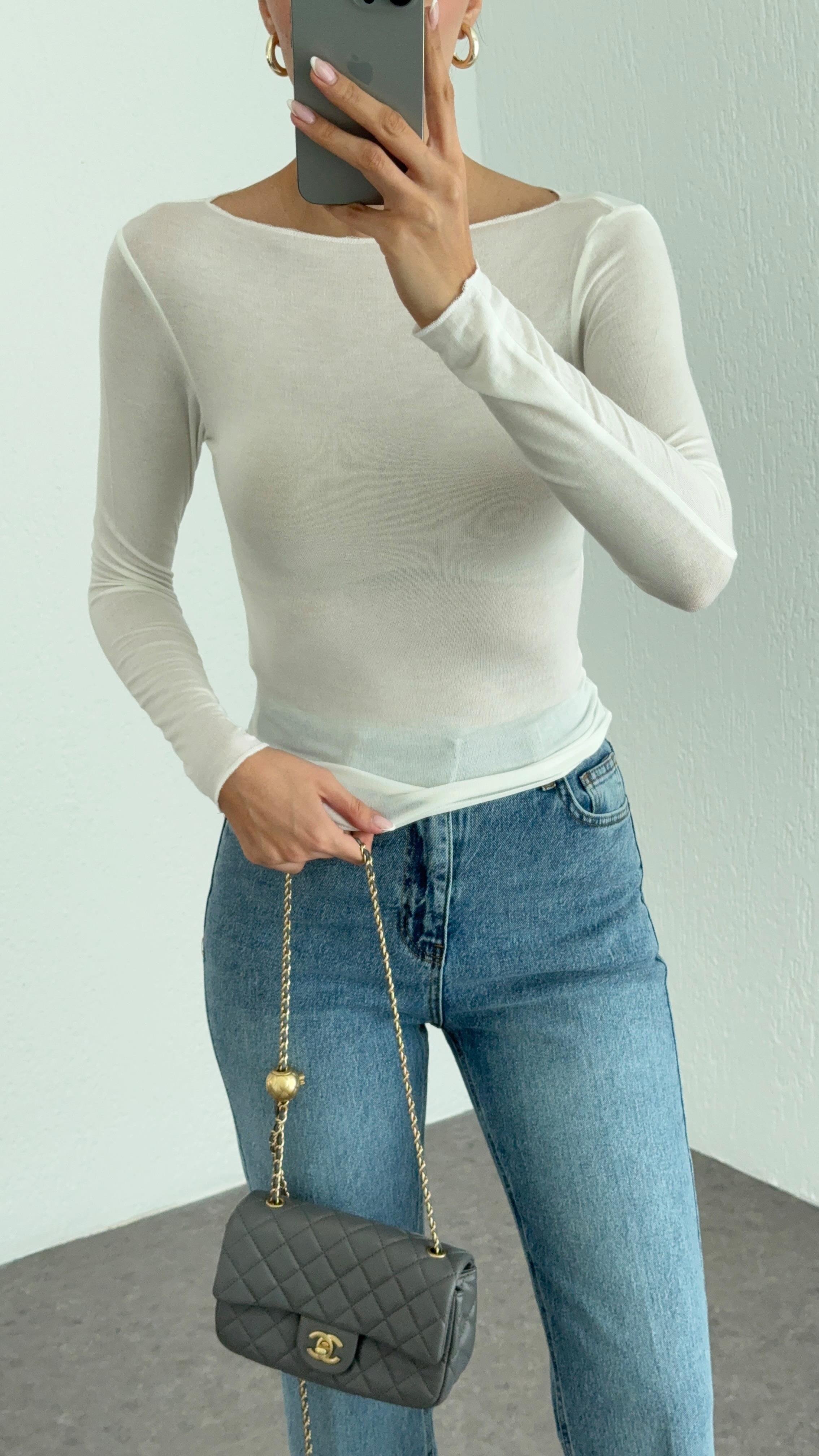 Kayık Yaka Transparan Modal Ekru Basic Bluz