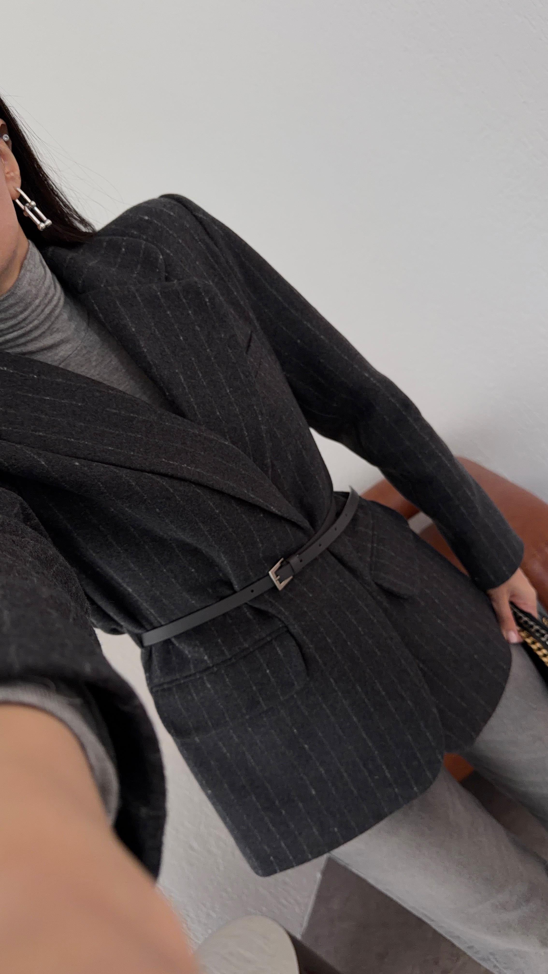 Kemerli Çizgili Kaşe Blazer